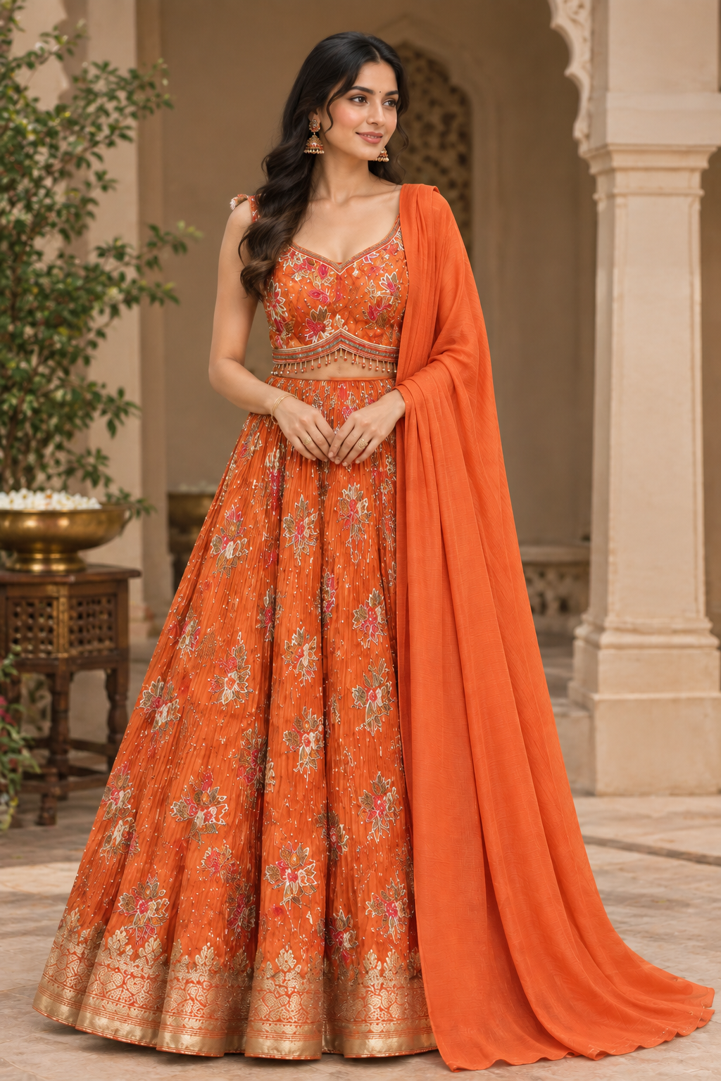Tangerine Floral Hand-Embroidered Lehenga Set Main image