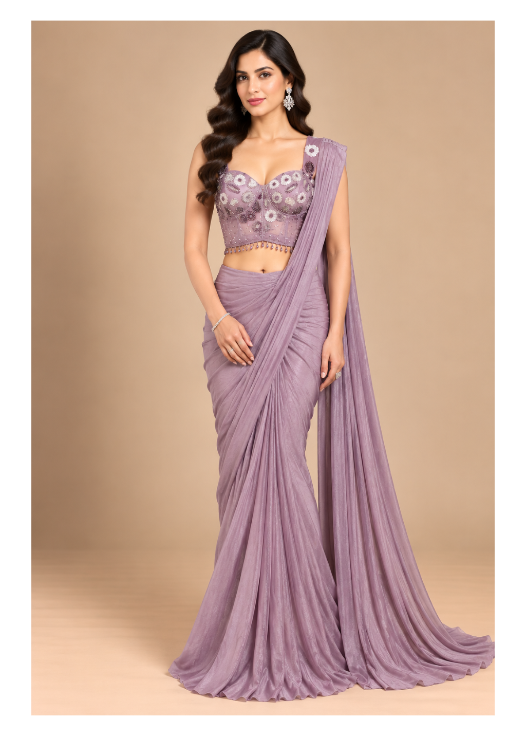 Lilac Lavender Pre-Draped Saree Set with Floral Corset Bustier Main image