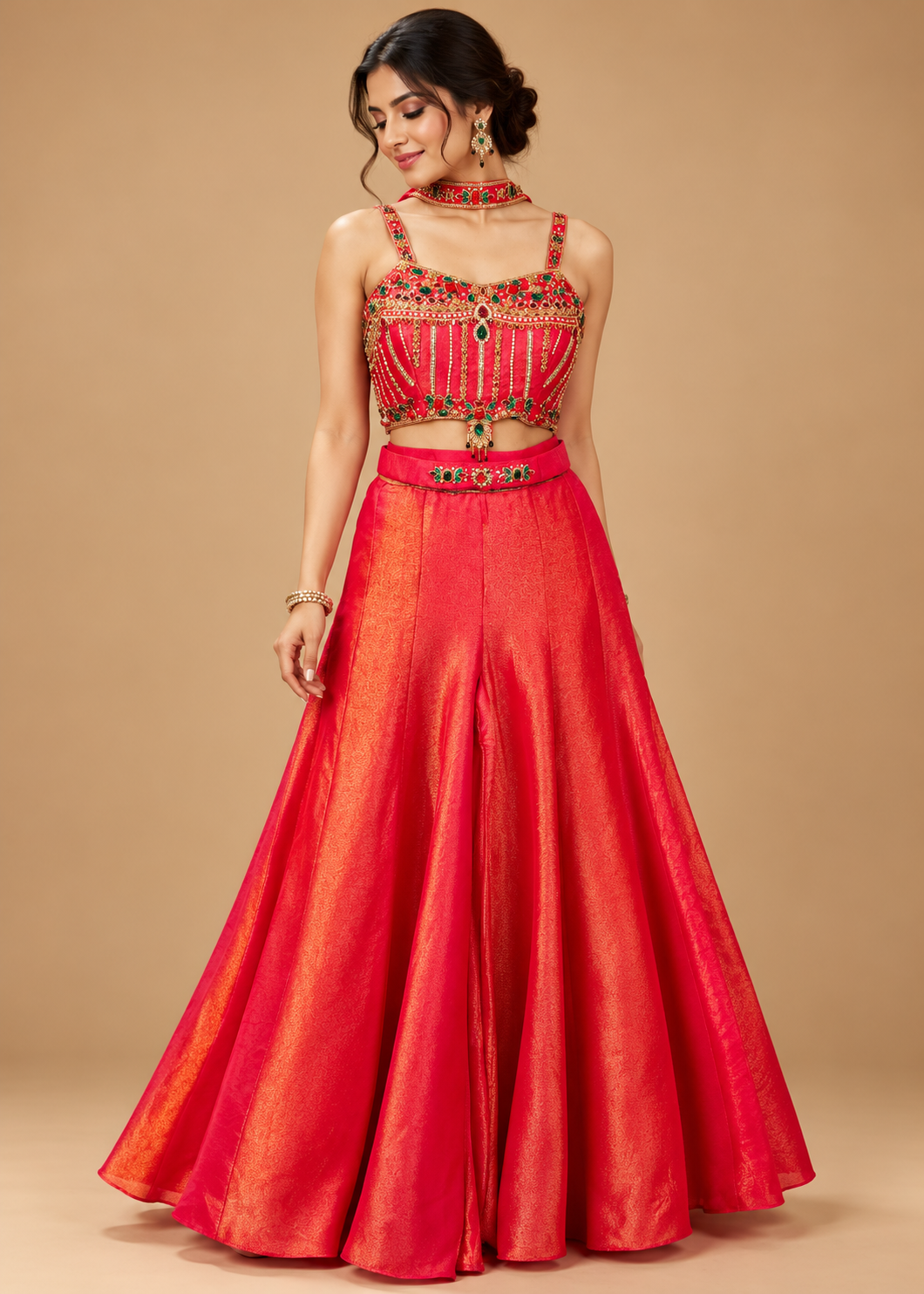 Coral Red Embellished Corset Sharara Set