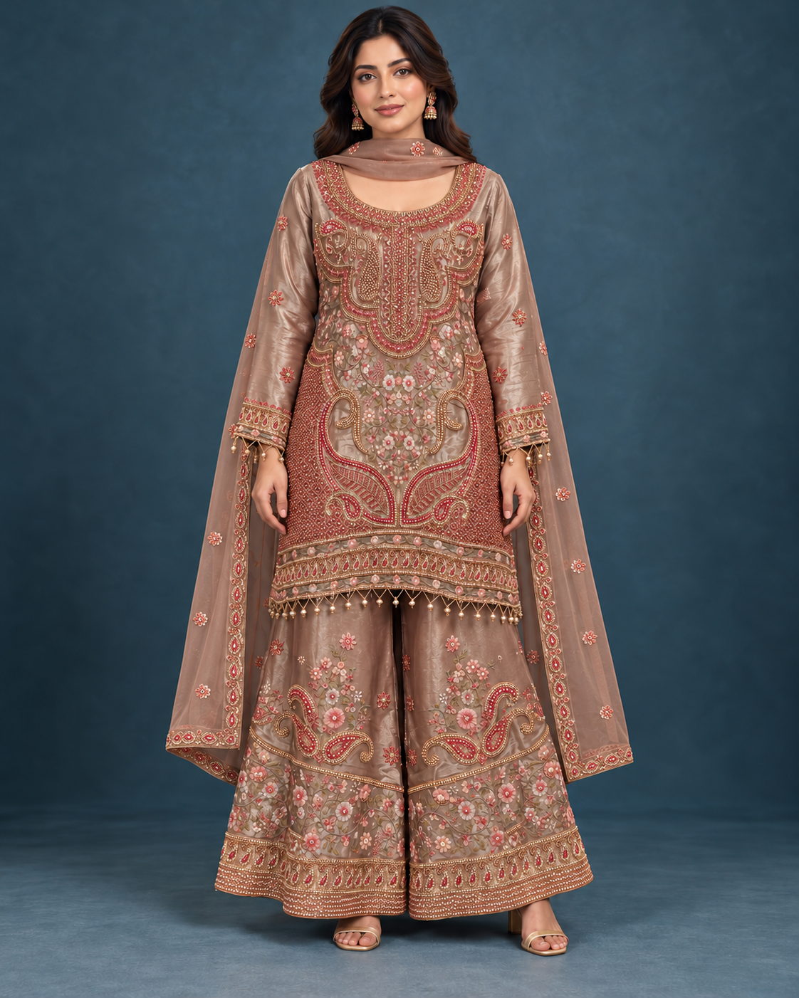 Muted Rose Gold Embroidered Sharara Set Main image
