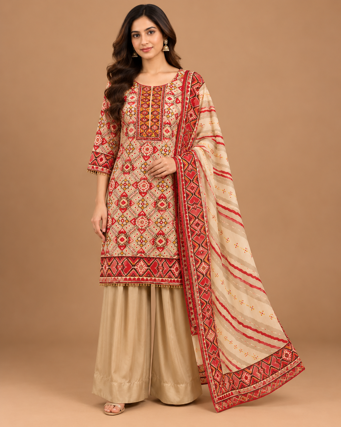 Beige Red Printed Silk Sharara Set