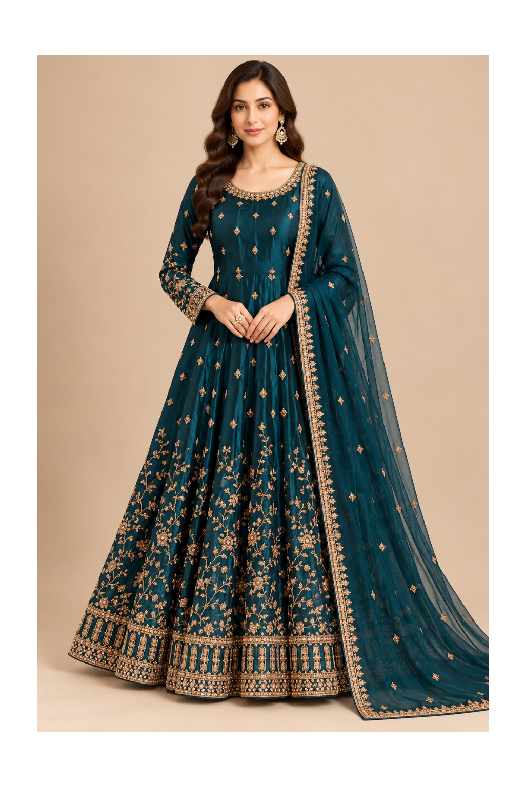 Peacock Teal Silk Embroidered Anarkali Gown