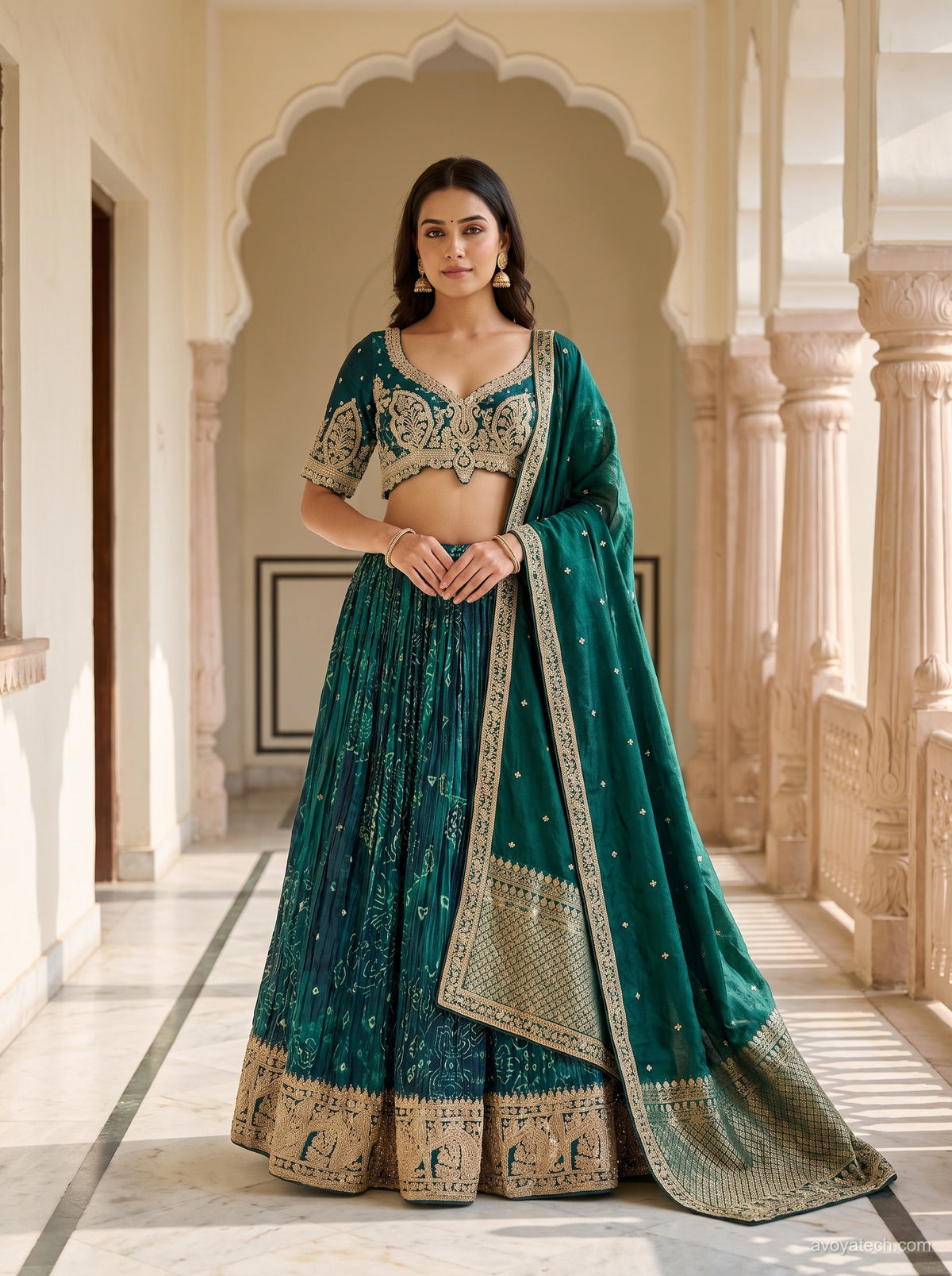 Emerald Green Bandhani & Zari Embroidered Silk Lehenga Set