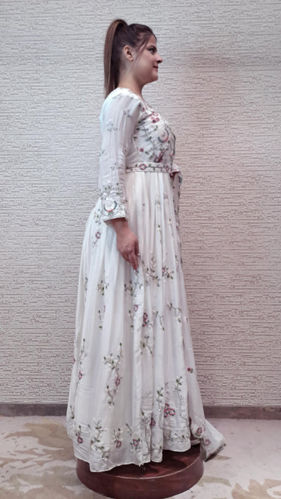 Ivory Chiffon Anarkali With Multicolour Resham Threadwork In Floral Patterns