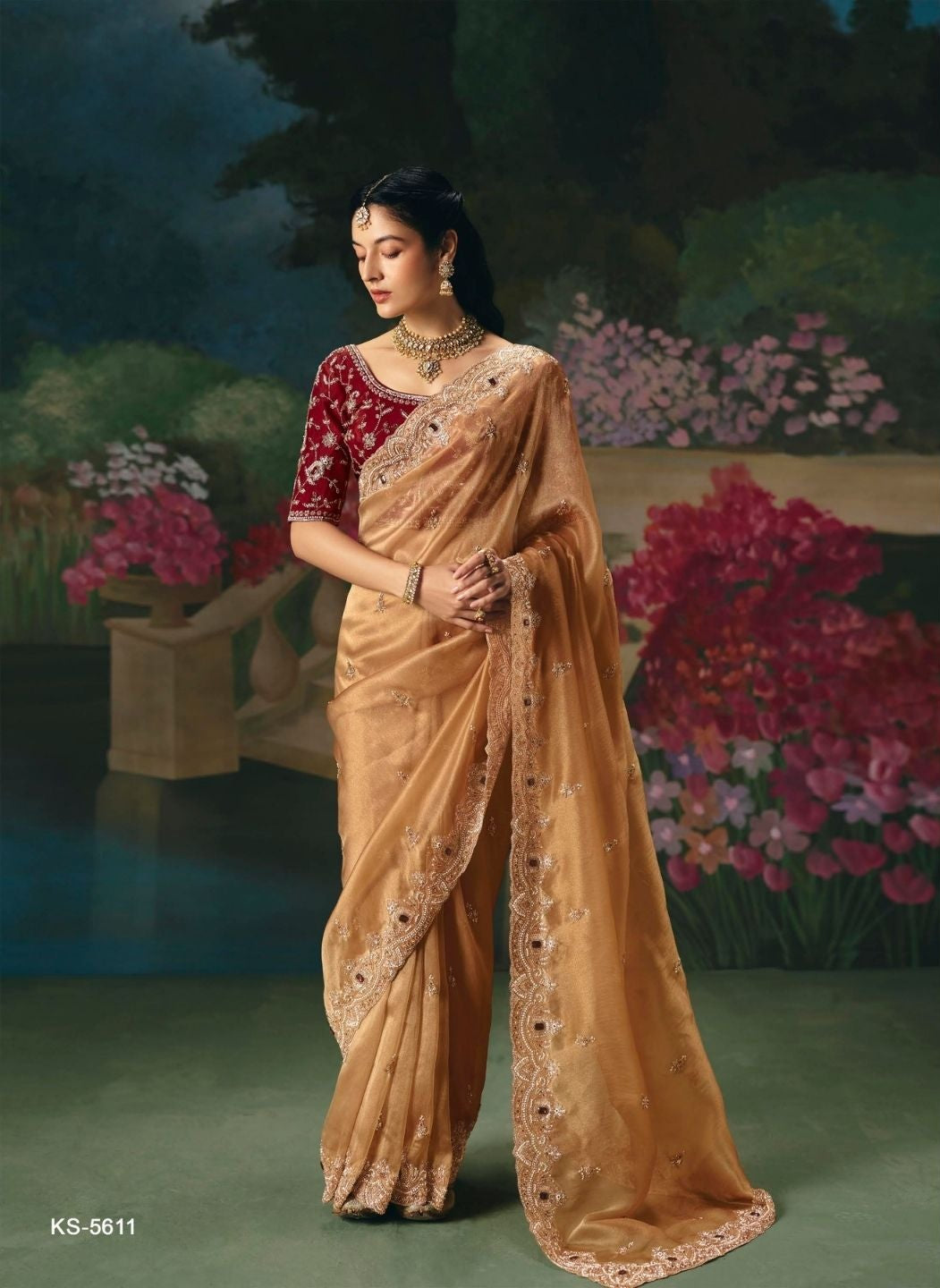 Gilded Crimson Tissue Silk Saree Main image