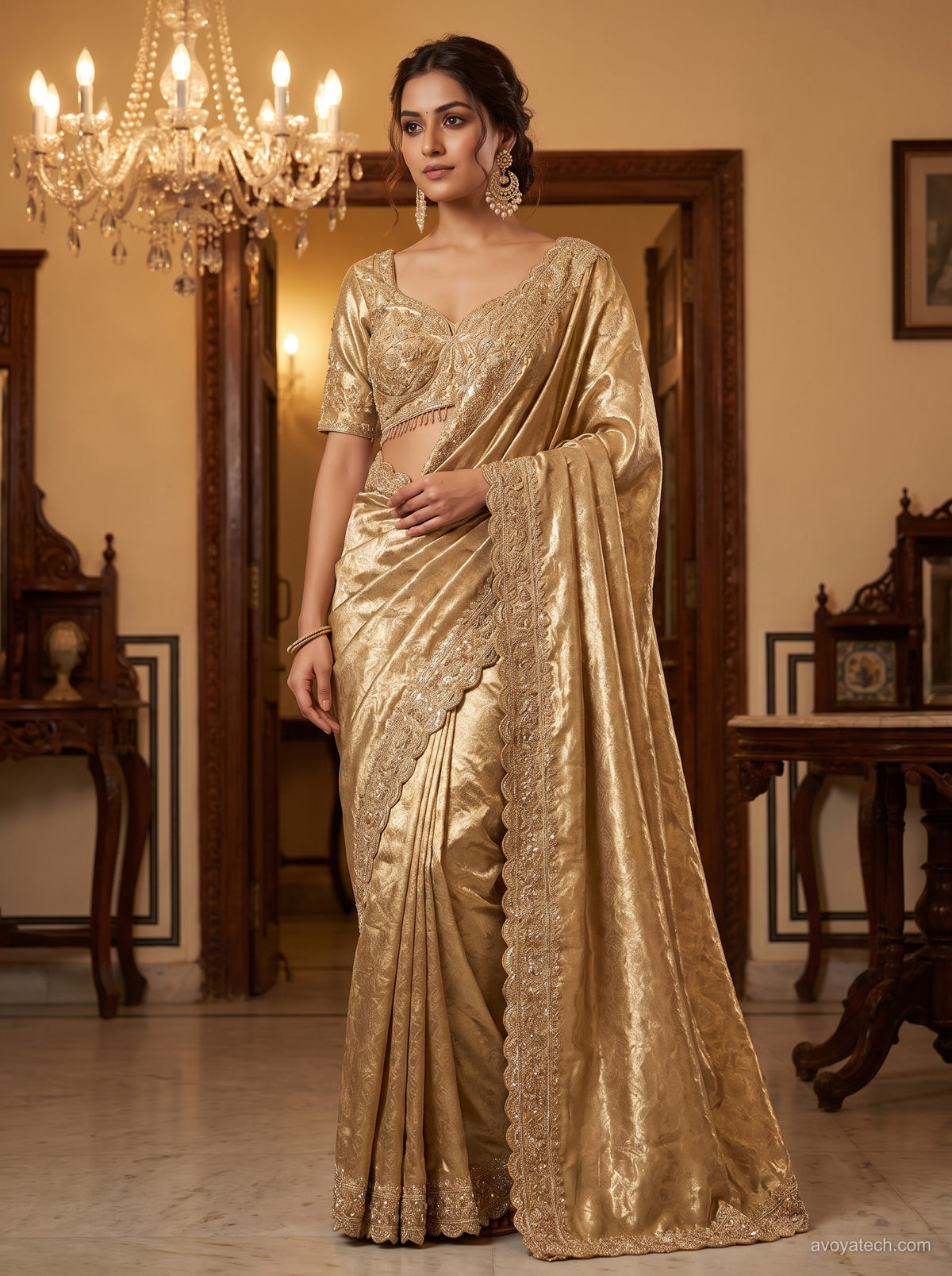 Golden Silk Saree with Intricate Embroidery & Designer Border Main image