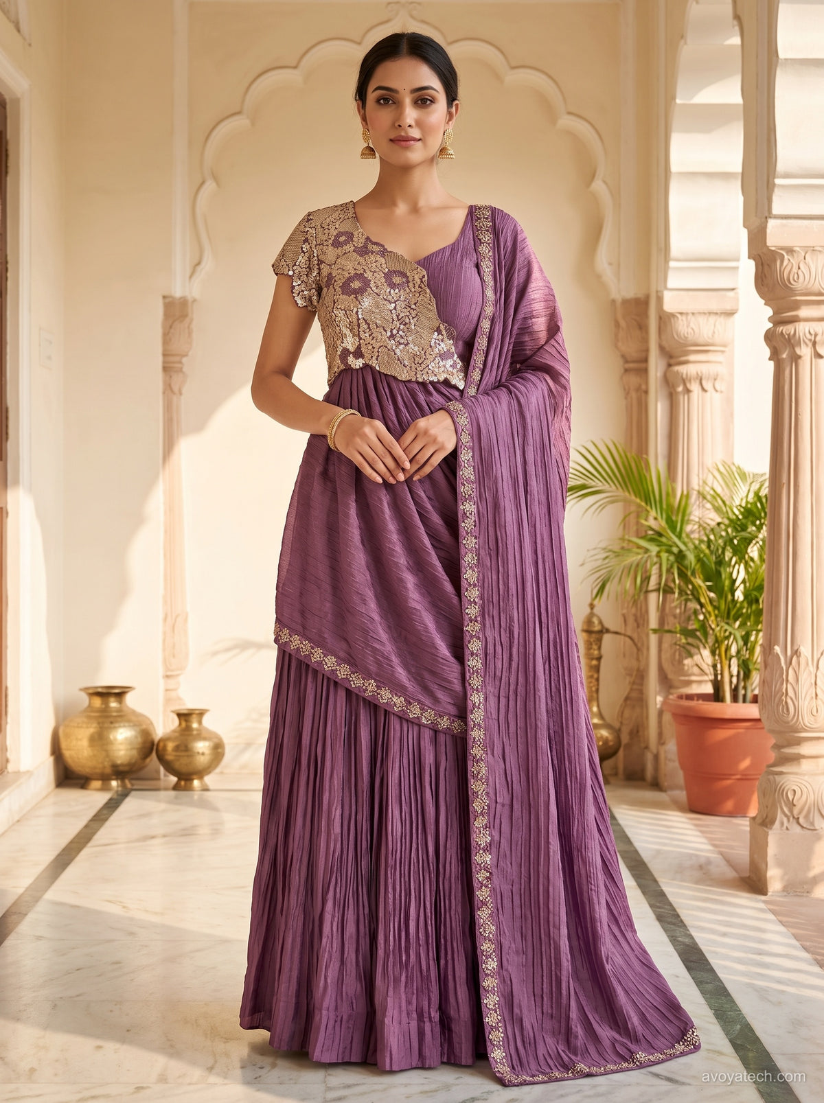 Mauve Crushed Silk Draped Lehenga-Saree Set