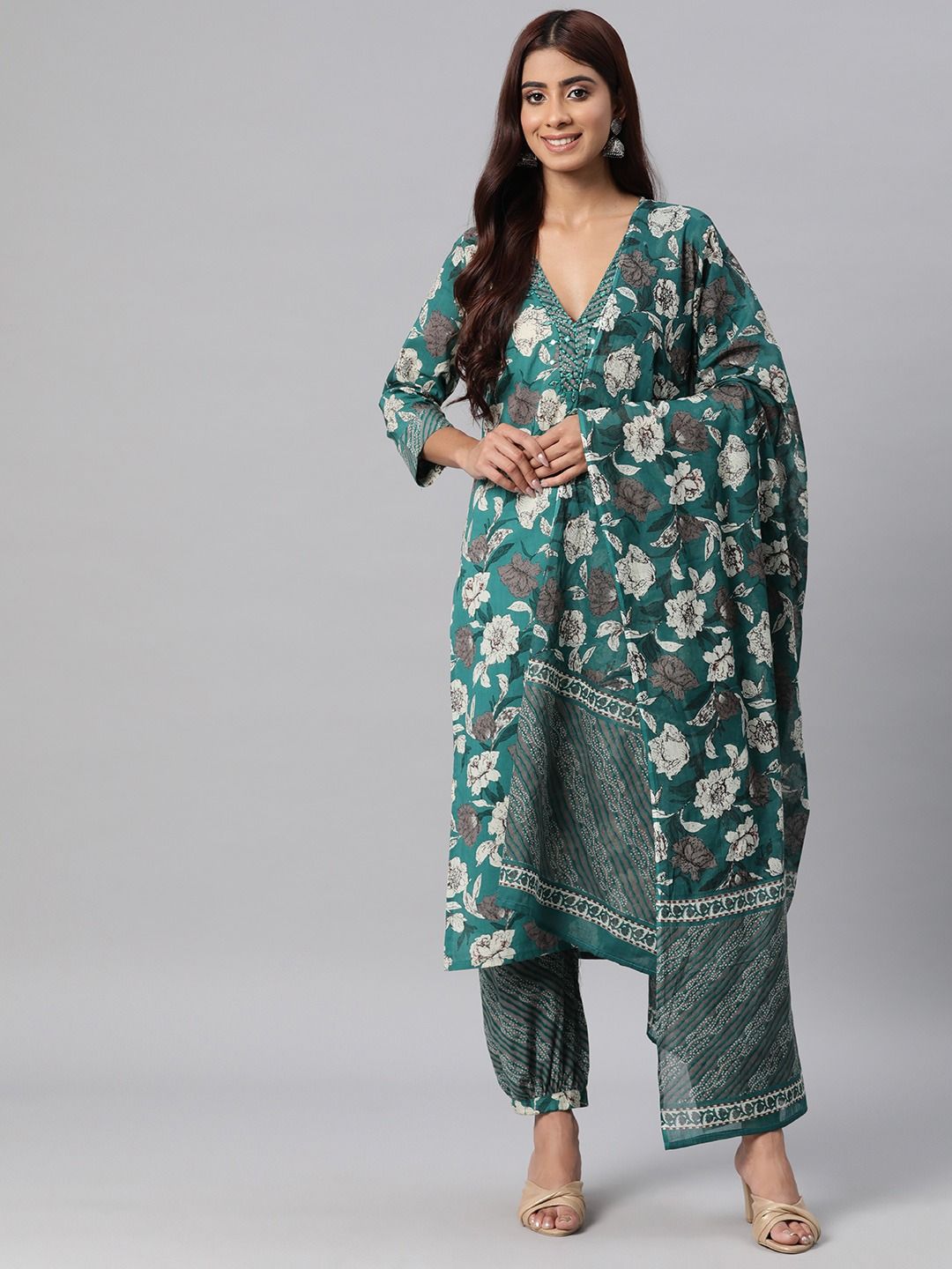 Teal Floral Printed Cotton Suit Set Main image