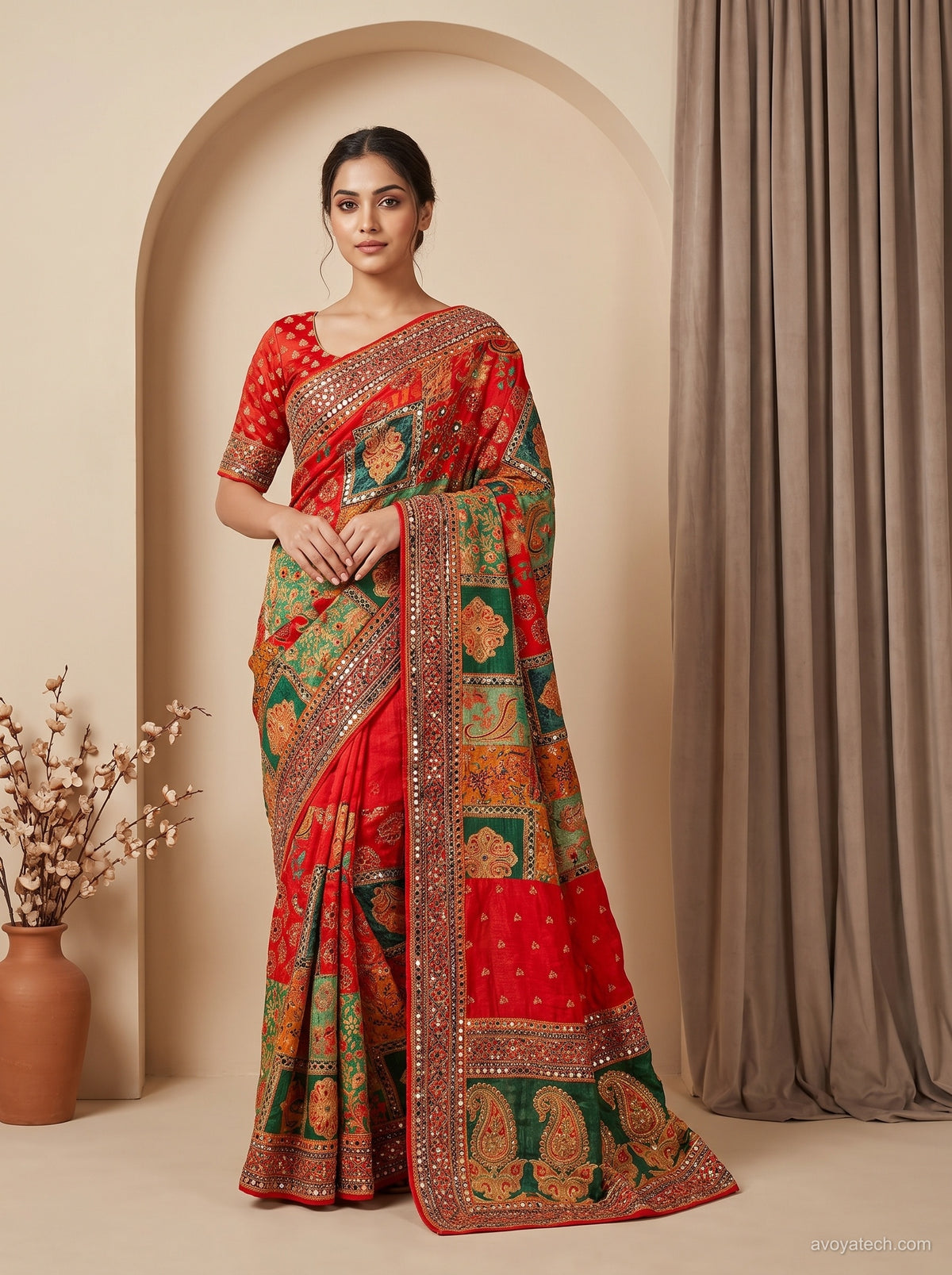 Crimson Red & Emerald Green Patchwork Silk Saree with Mirror-Work Border & Blouse Piece