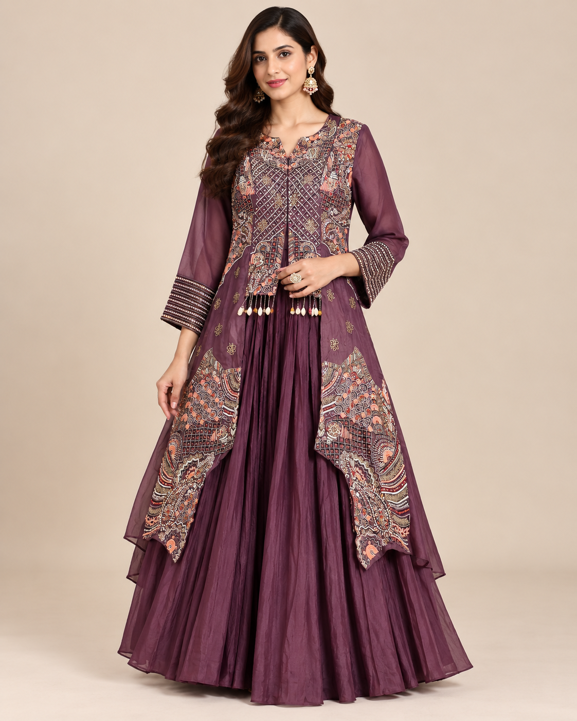 Plum Purple Embroidered Long Jacket Gown Set Main image