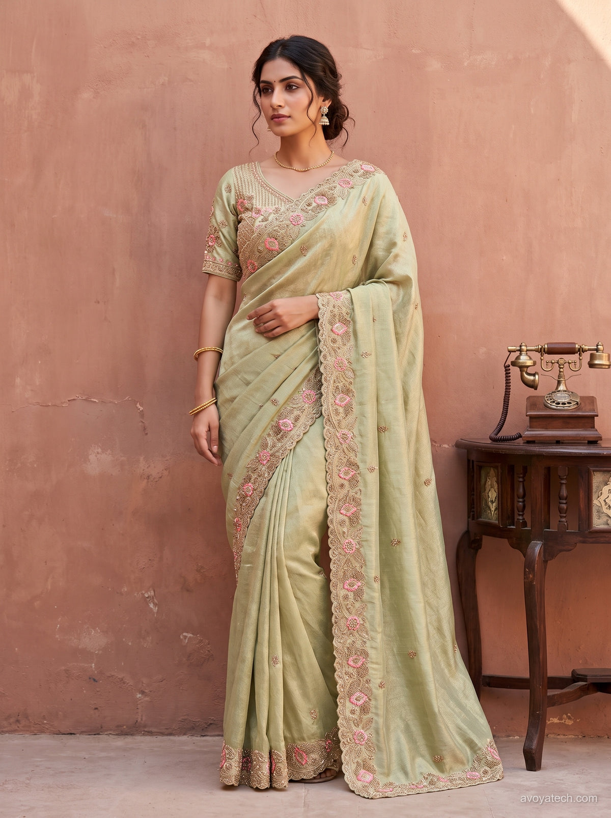 Pista Green Silk Saree with Pink Floral Embroidery Main image