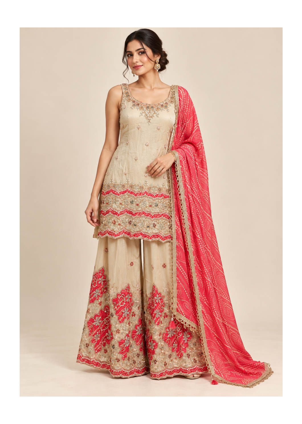 Beige-Gold & Hot-Pink Scalloped Kurti, Flared Sharara & Bandhani Dupatta Set
