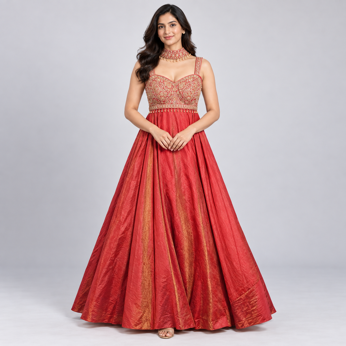 Crimson Red Embroidered Silk Gown with Choker Neckband Main image