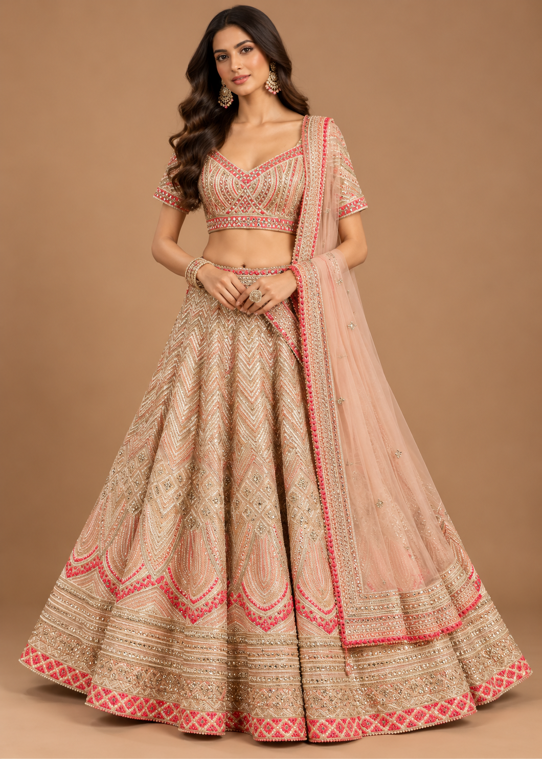 Champagne Pink Chevron Embroidered Bridal Lehenga