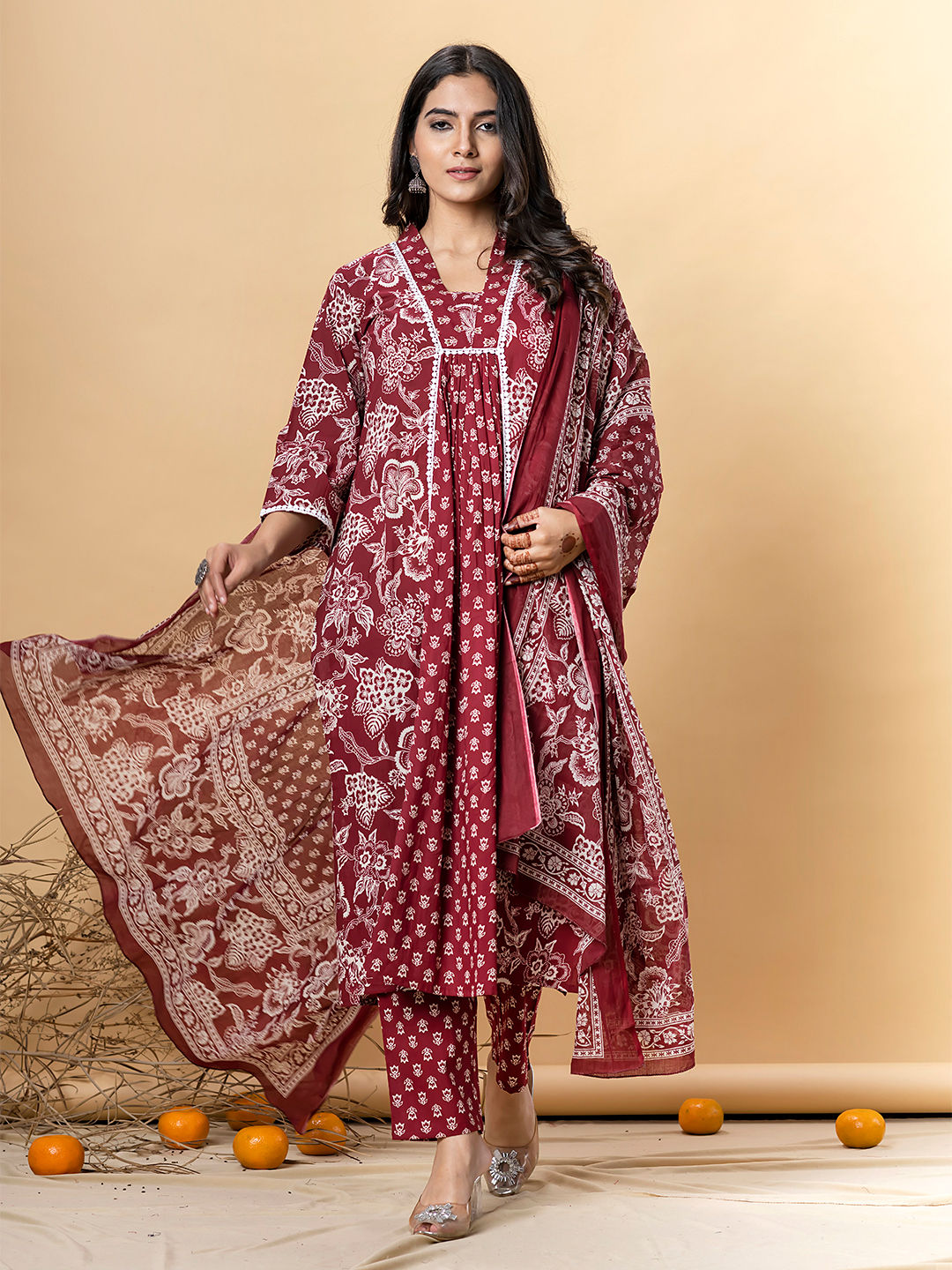 Maroon Floral Printed Cotton Suit Set Main image