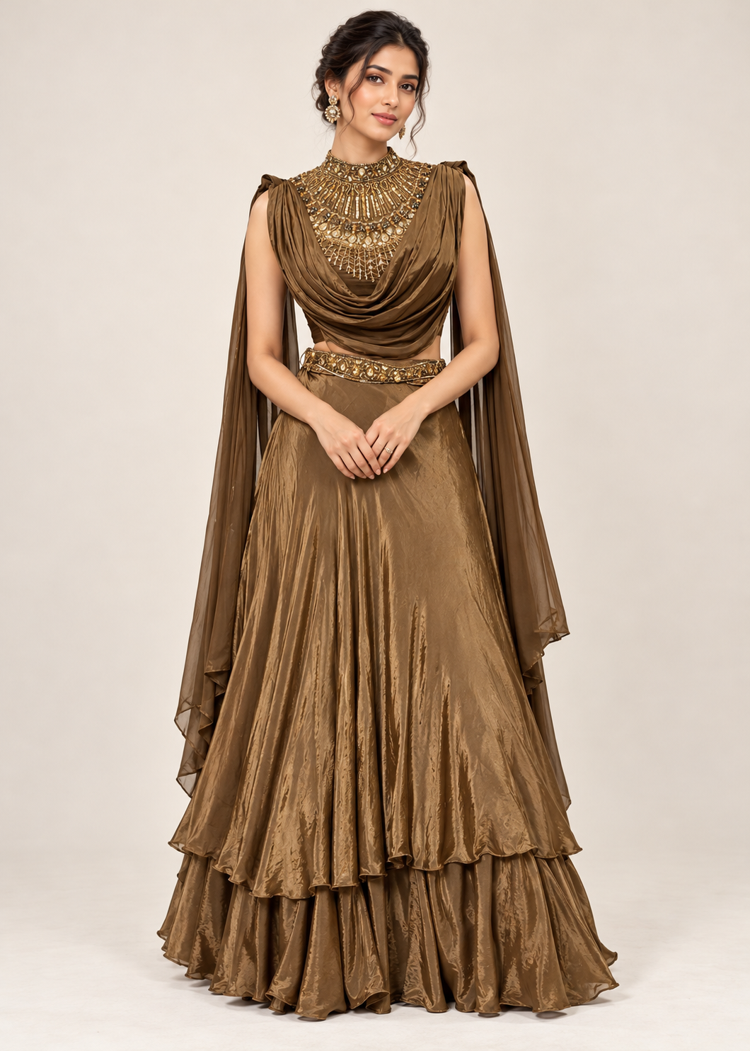 Metallic Antique Bronze Draped Cowl Lehenga, Jeweled Yoke Top & Cape Set