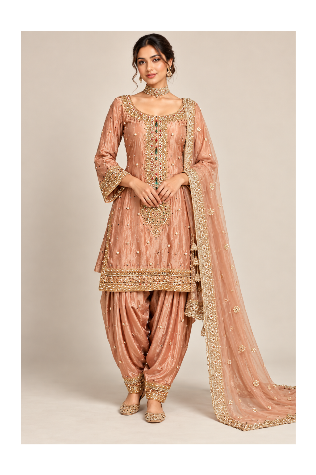 Dusty-Peach Embellished Short Kurti, Dhoti Salwar Main image