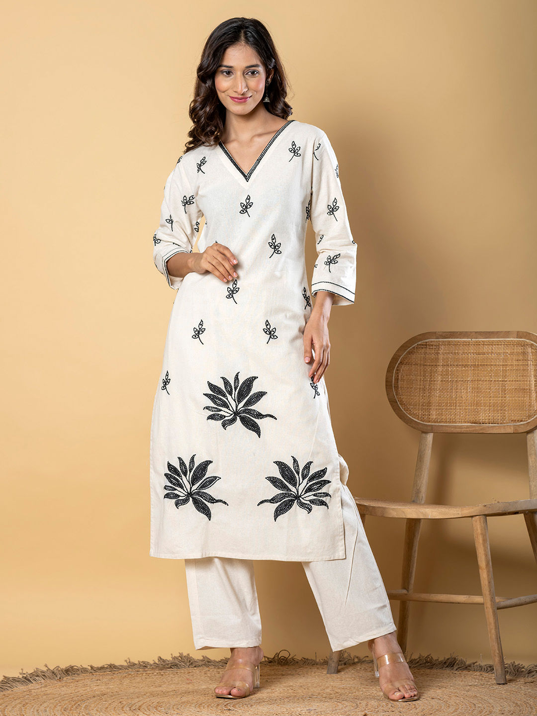 Ivory Leaf Embroidered Cotton Co-ord Set Main image