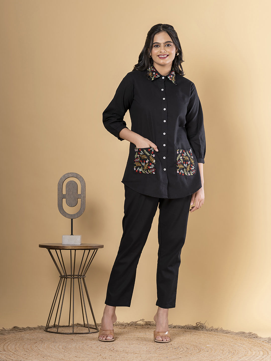 Black Embroidered Cotton Co-ord Set Main image