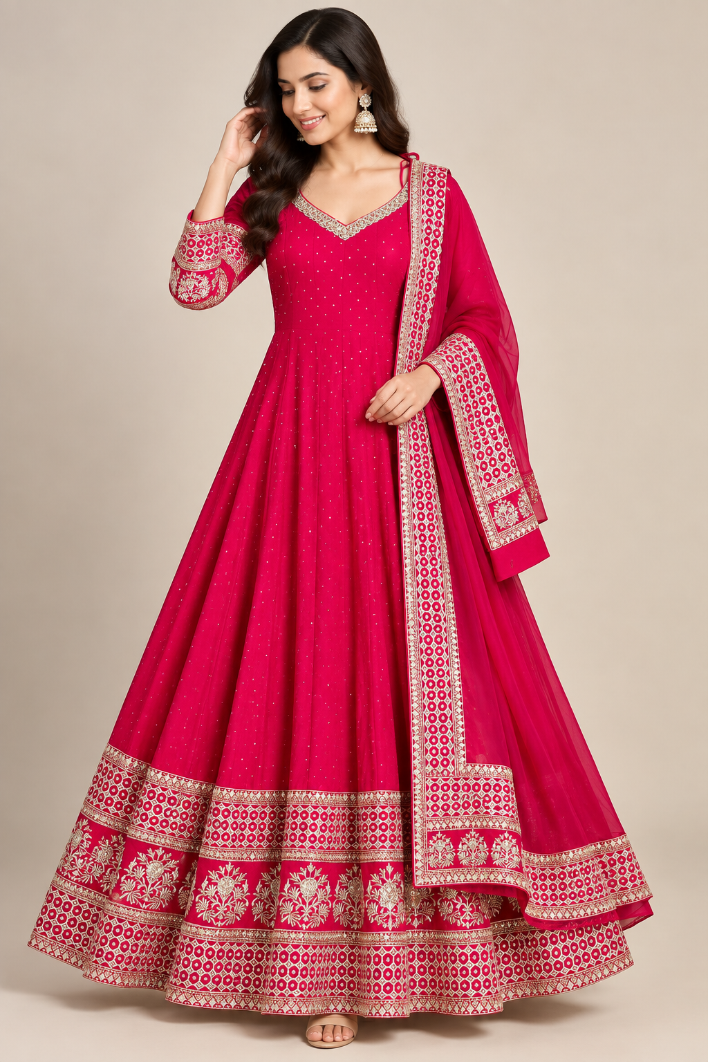 Rani Pink Hand-Embroidered Silk Kalidar Anarkali Gown Set
