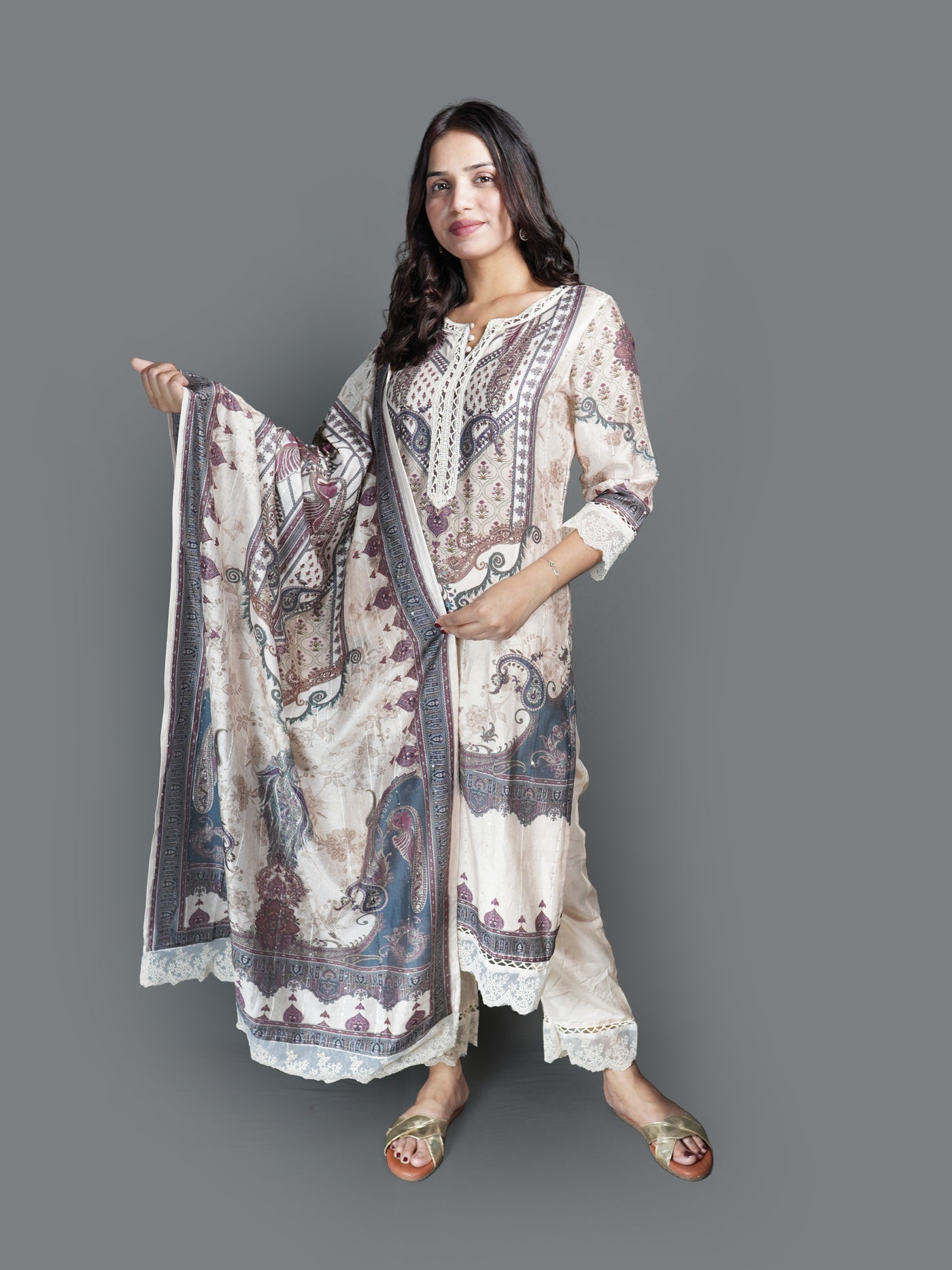 Elegant Cream Printed Kurti Set with Paisley (GB-2349 R-30)