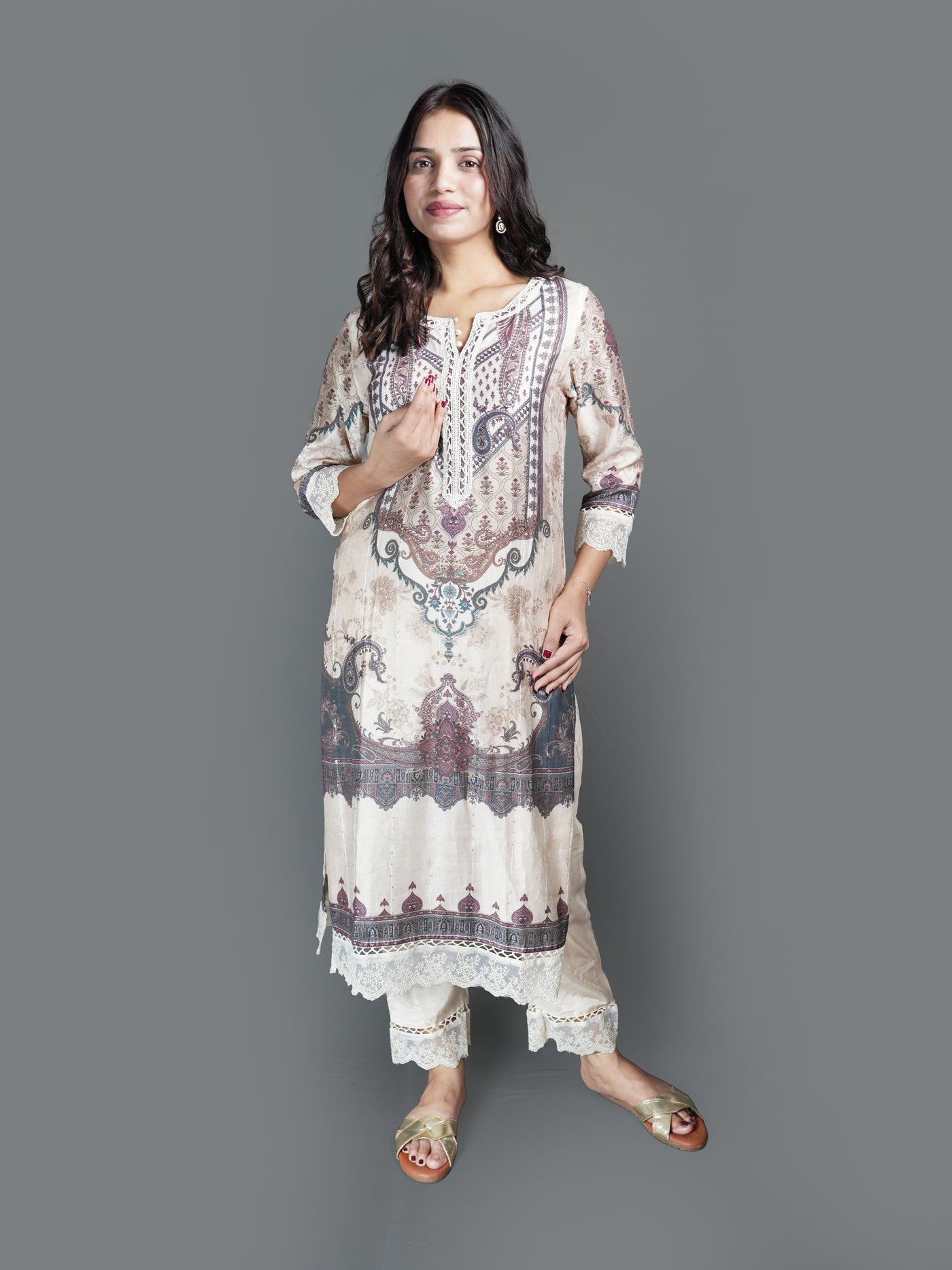 Elegant Cream Printed Kurti Set with Paisley (GB-2349 R-30)