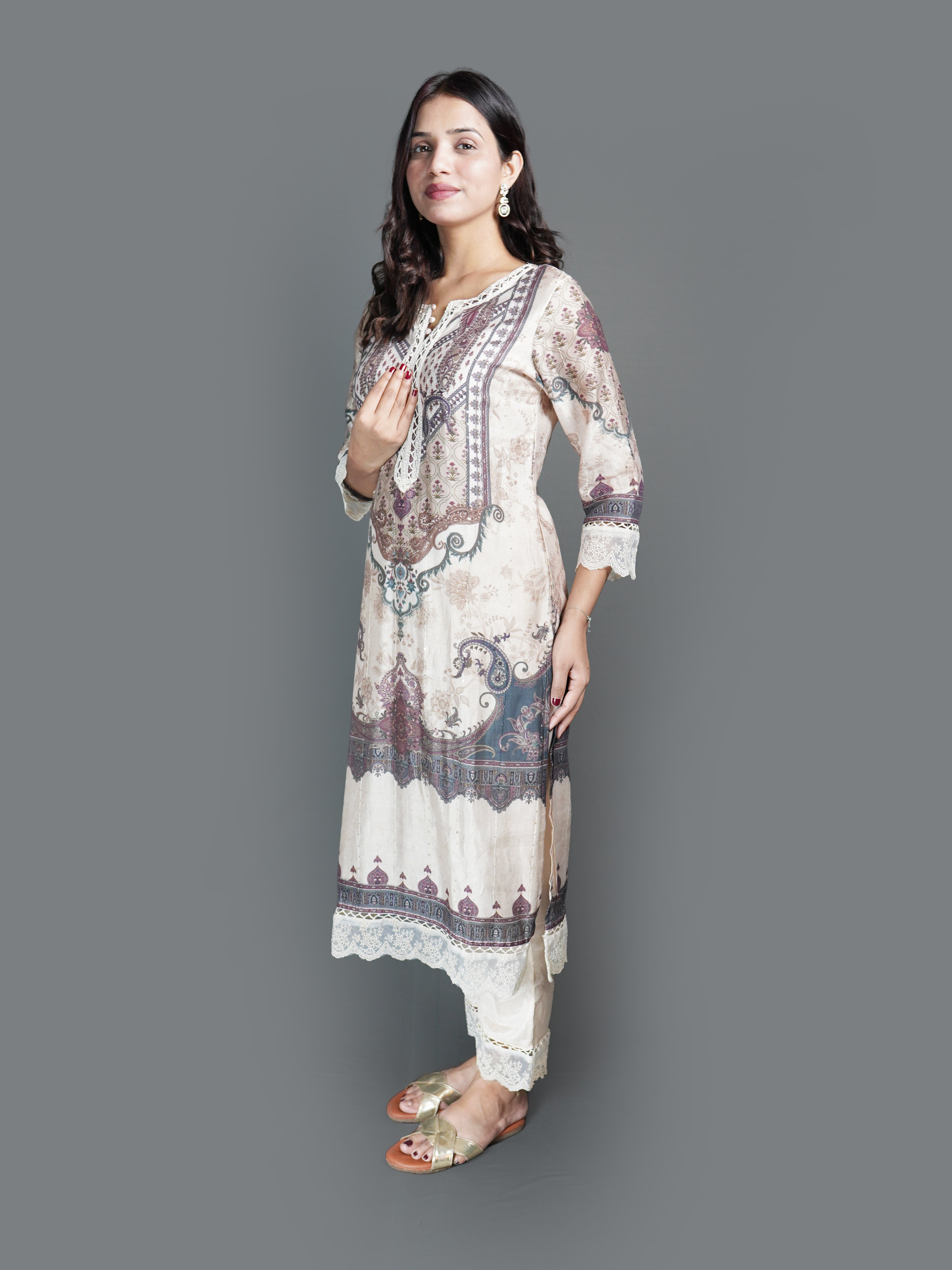 Elegant Cream Printed Kurti Set with Paisley (GB-2349 R-30)
