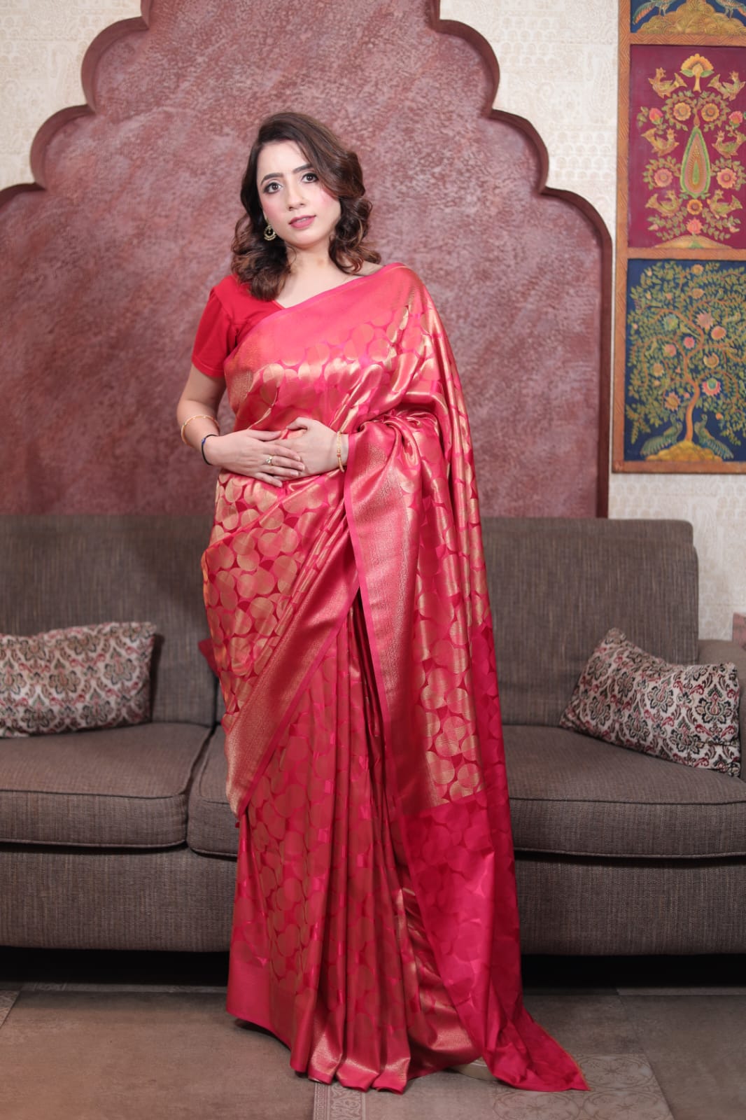 Radiant Magenta Satin Silk Saree with Traditional Motifs