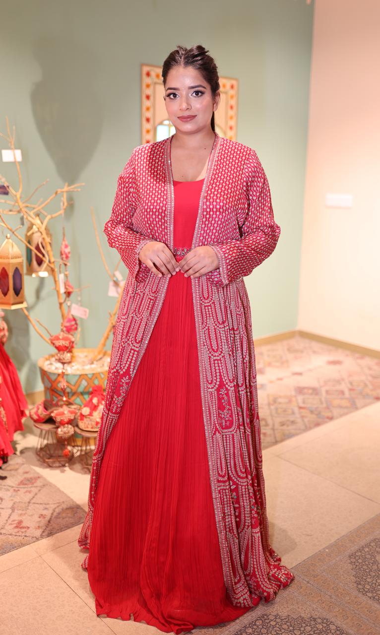 Elegant Pink Georgette Anarkali Dress with Intricate Embroidered Jacket