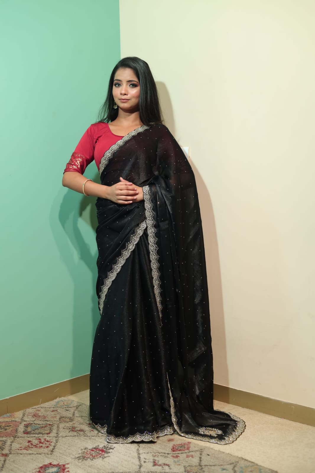 Black Chinon Saree with Elegant Embroidery