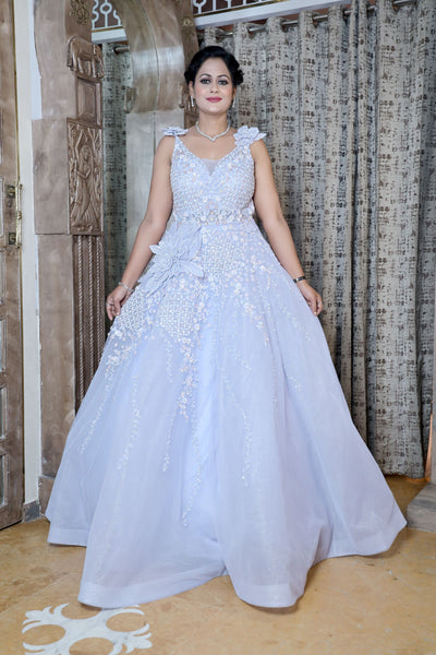 classic sky blue color floral motif embroidered gown