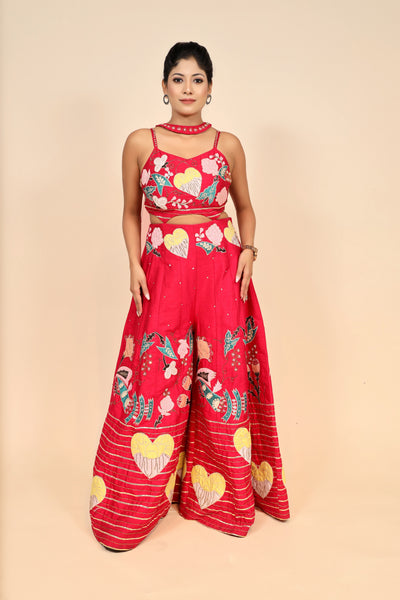 Rani Pink Silk Jumpsuit With Patchwork And Gota Patti Embellishments