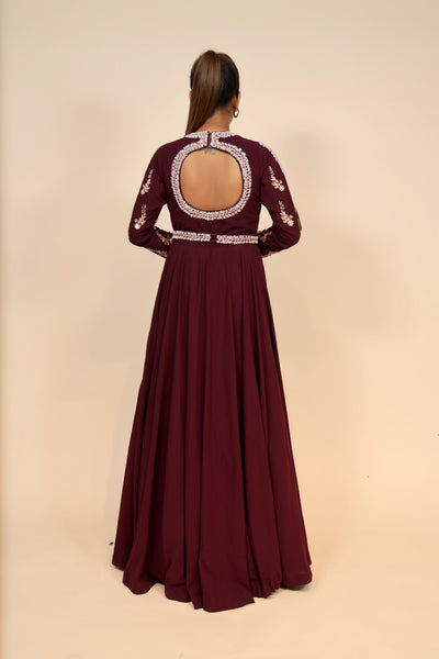 full back look of maroon georgette dress