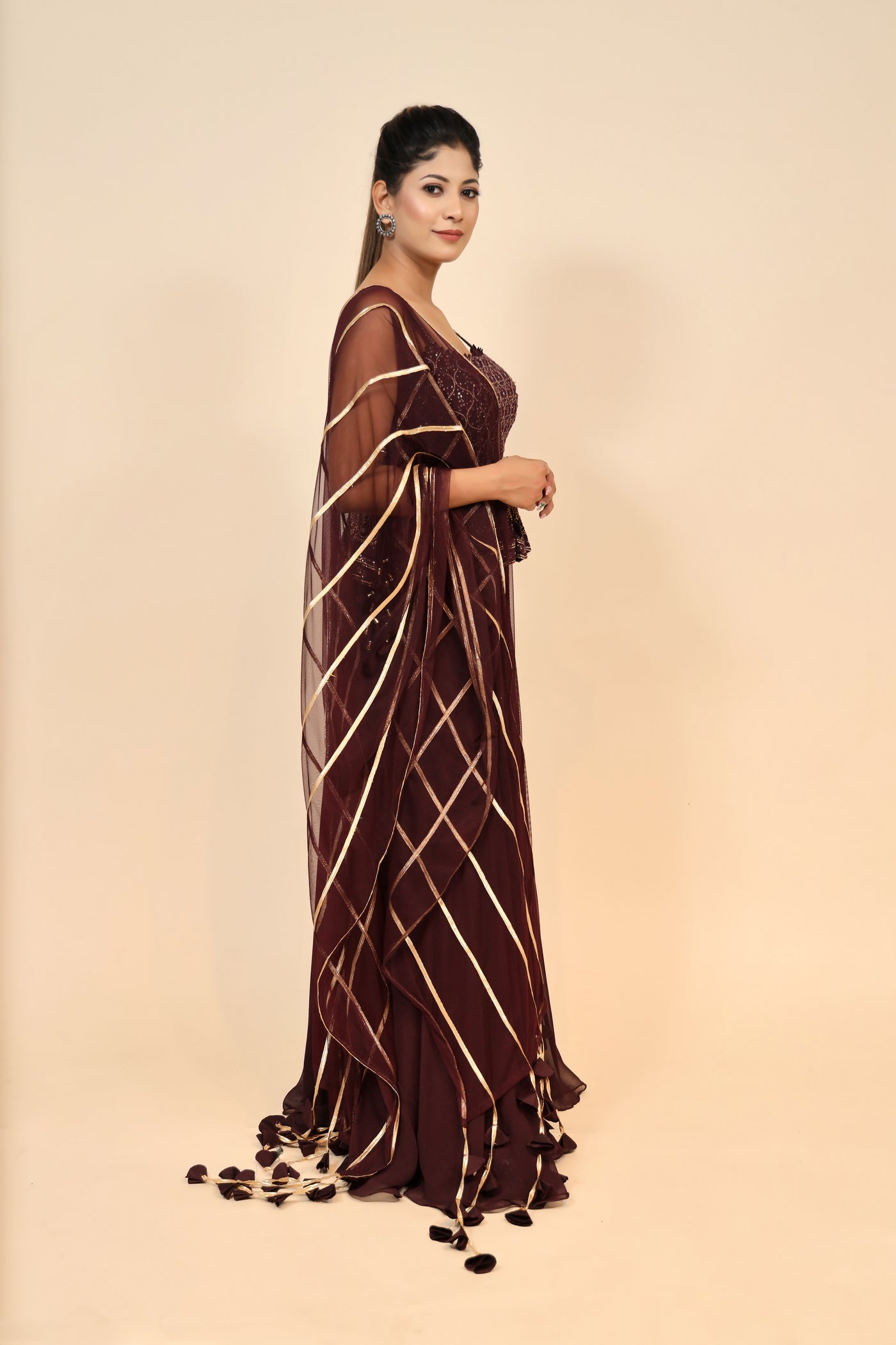 model posing wearing wine georgette dress