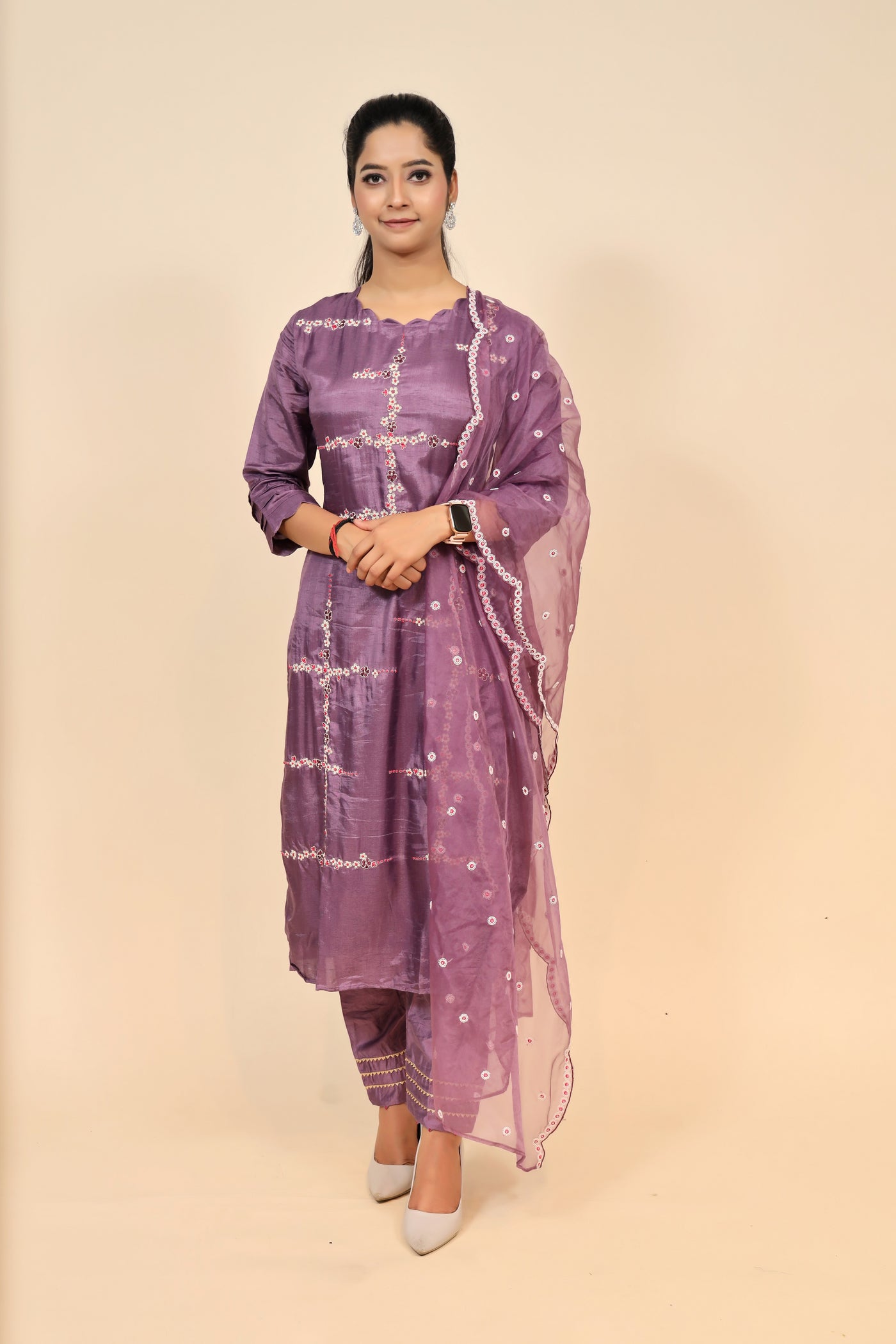 full front look of purple raw silk suit