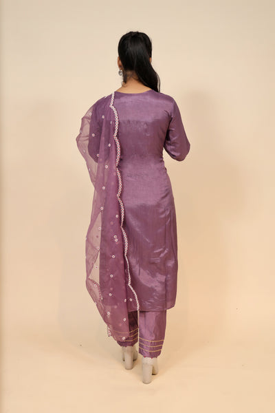 full back look of purple raw silk suit