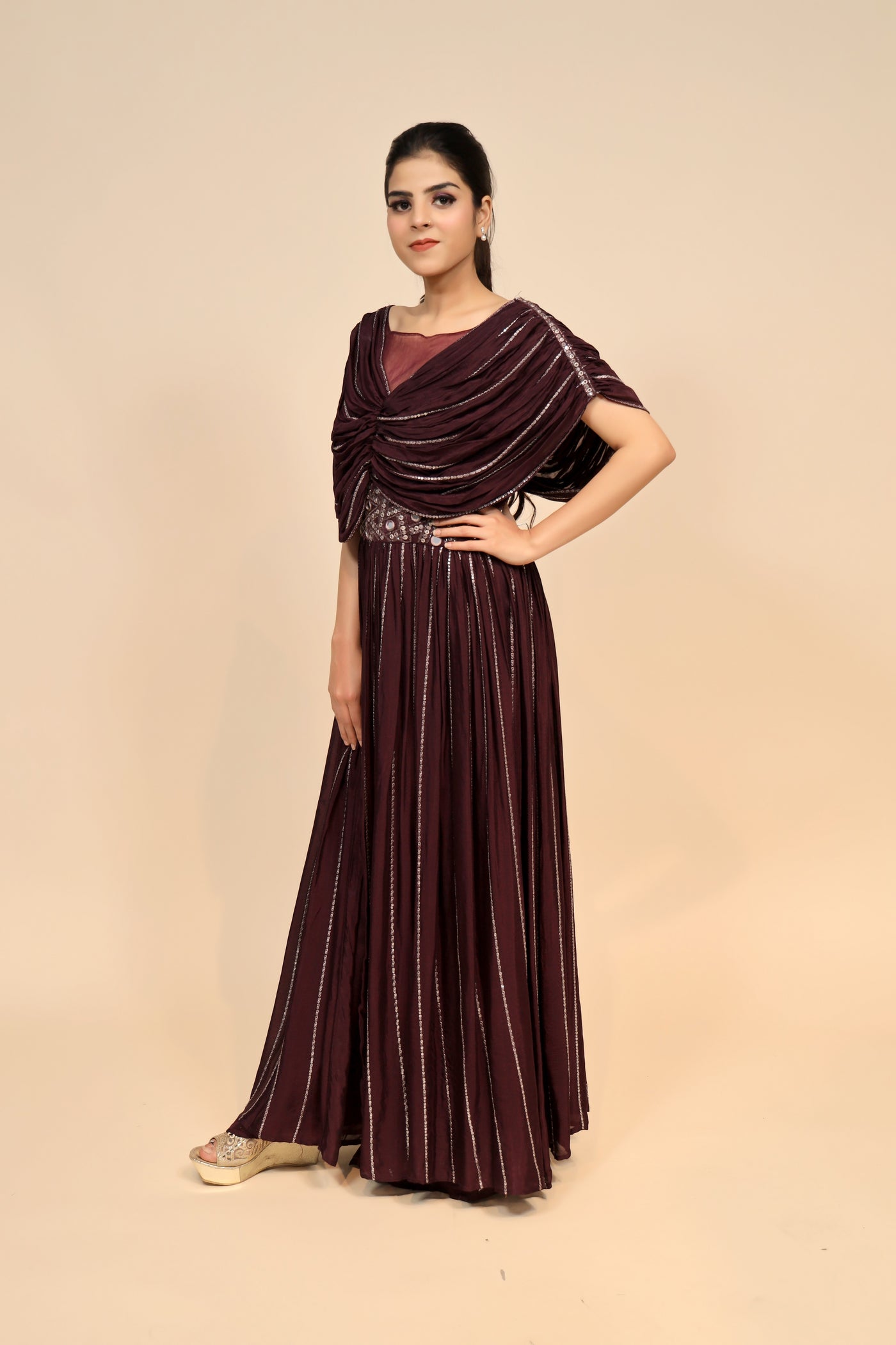 model posing wearing wine georgette dress