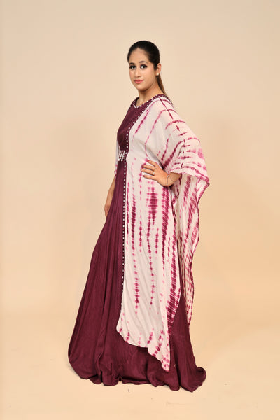model posing wearing purple chinon dress
