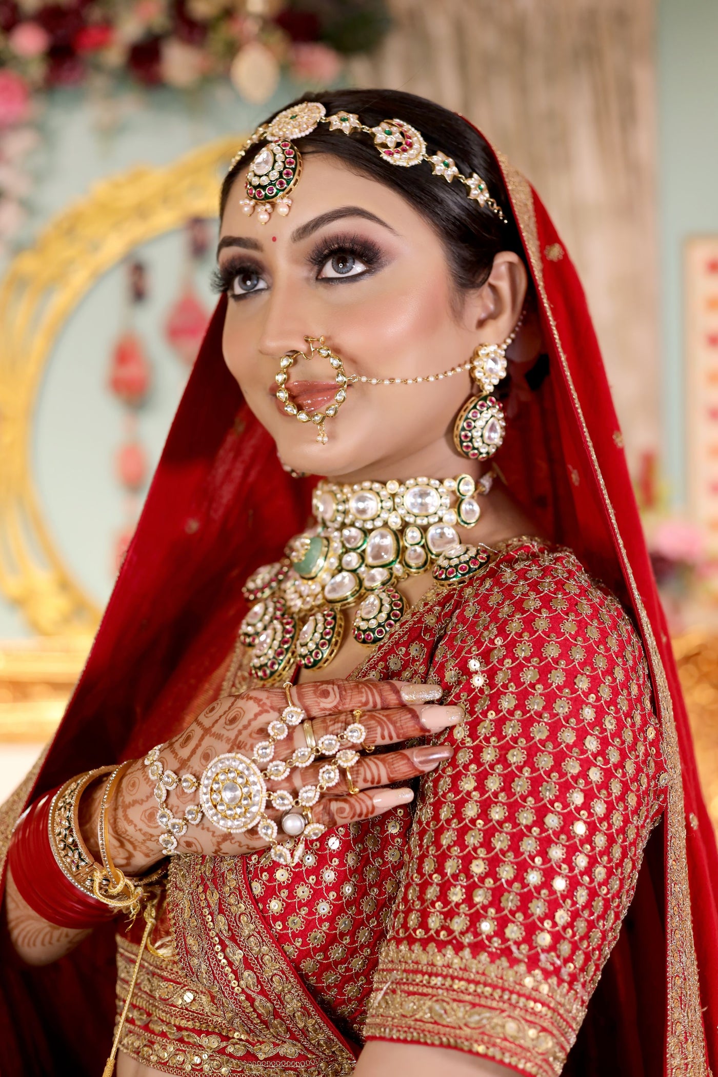 Dark Red Heavy Multi Embroidered Net Bridal Lehenga – Maharani