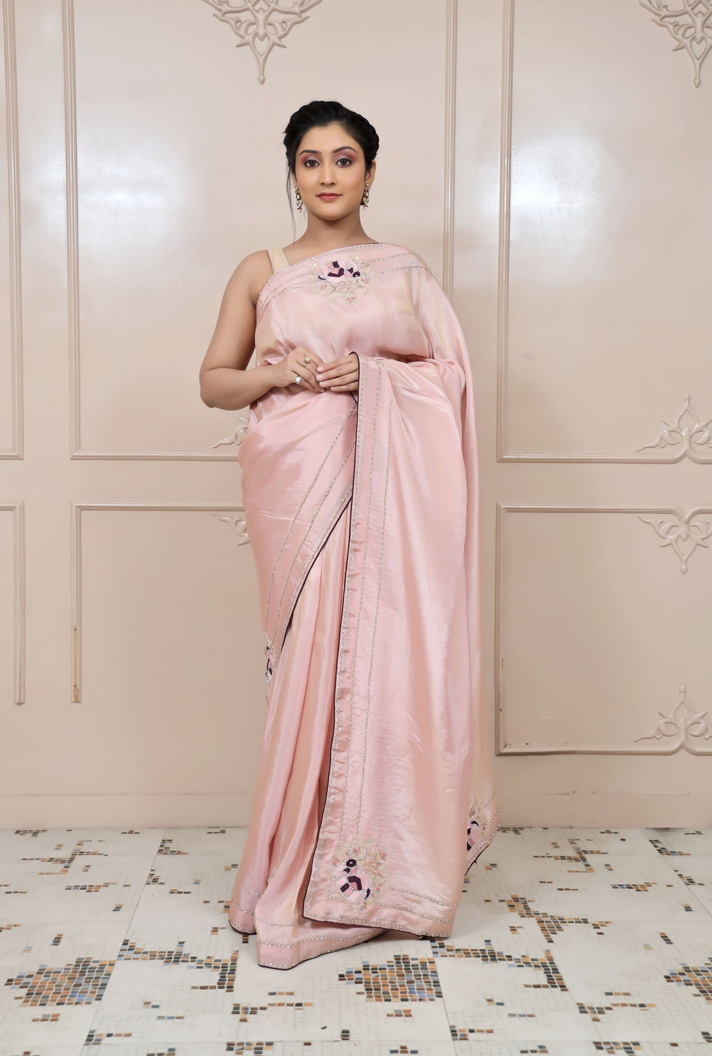 beautiful baby pink color elephant motif embroidered saree