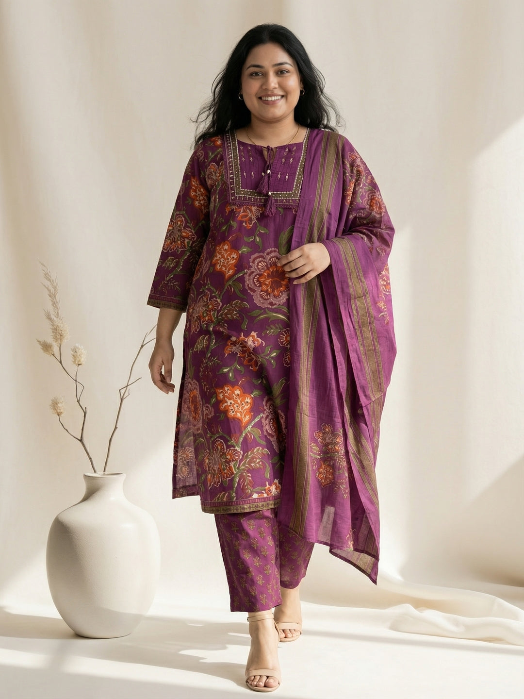 Plum Floral Printed Kurta Pant Set