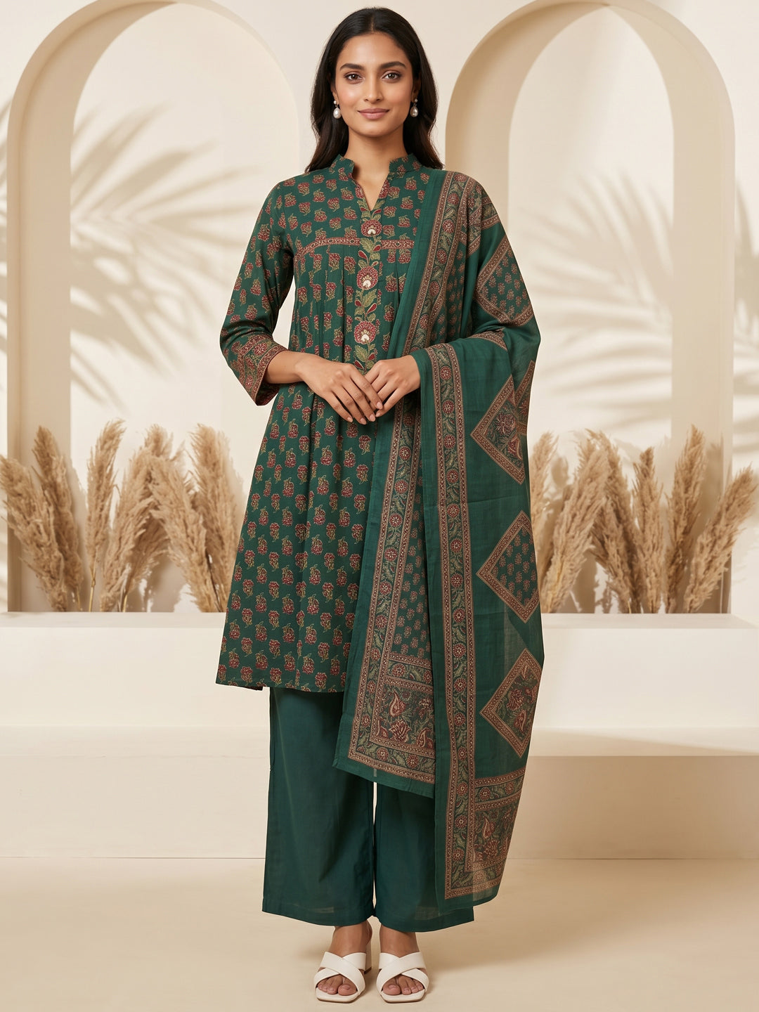 Emerald Green Floral Printed Suit Set