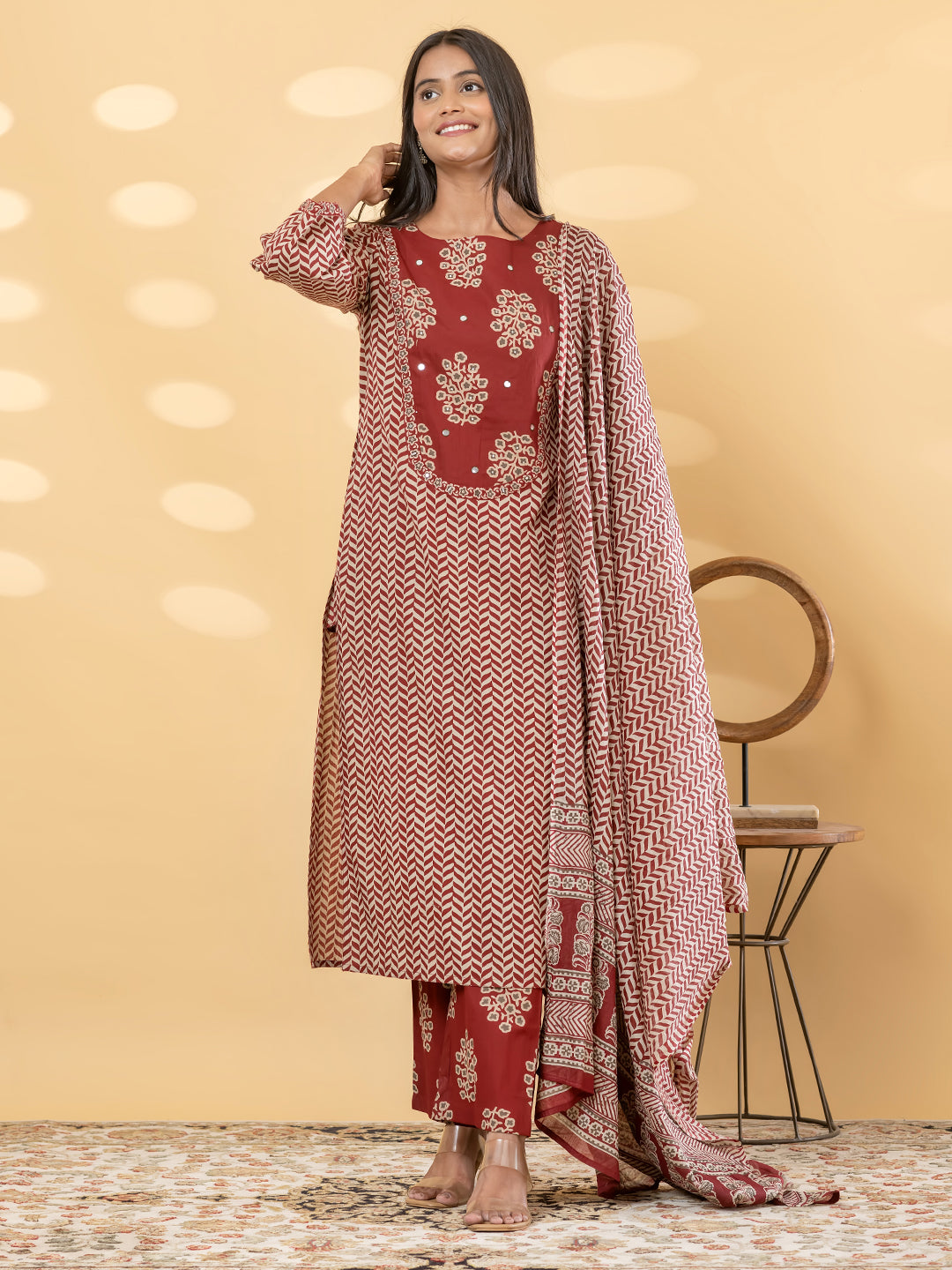 Maroon Chevron Printed Kurta Set