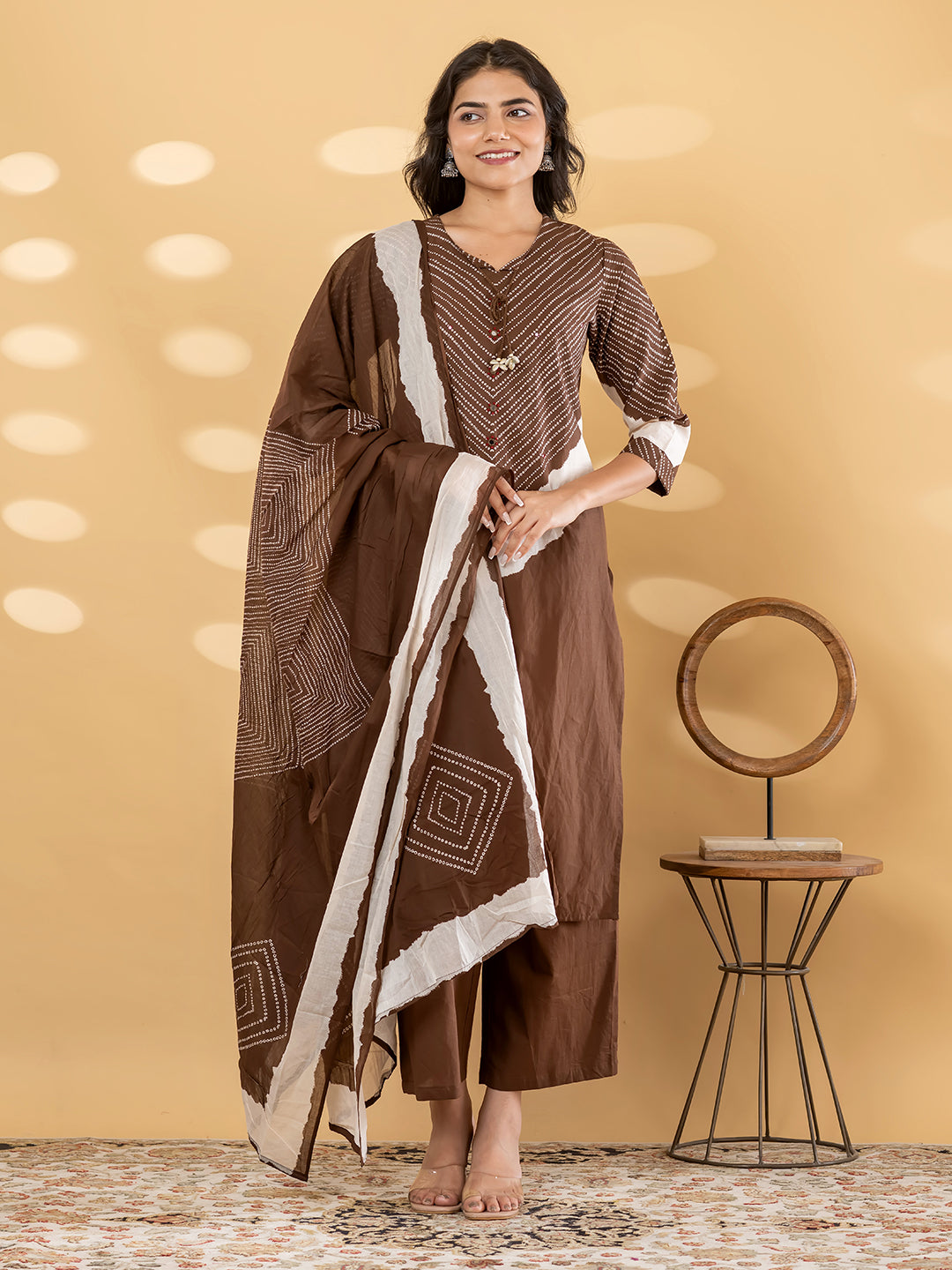 Chocolate Brown Leheriya Printed Suit Set