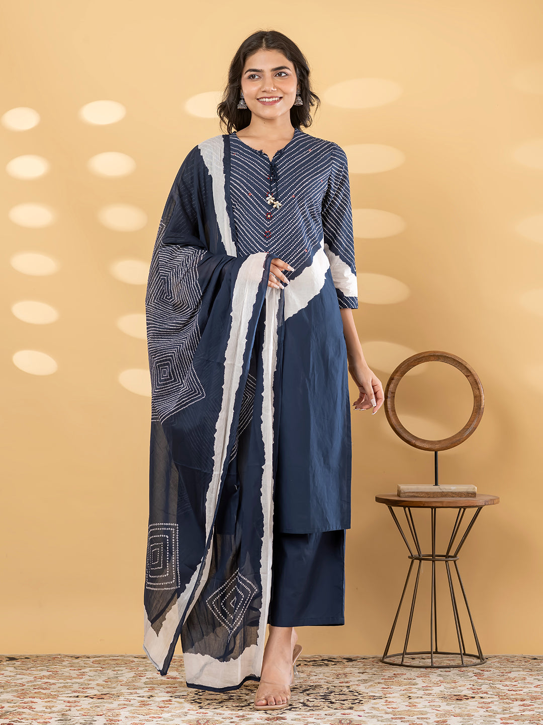 Navy Blue Leheriya Printed Suit Set