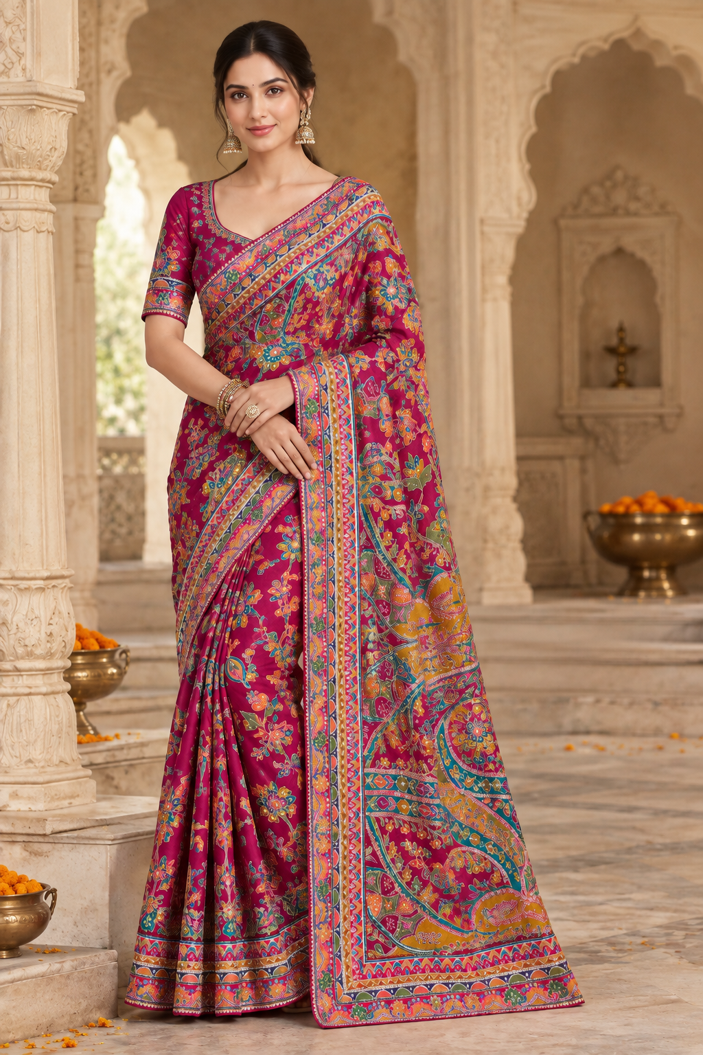 Multicolored Floral Printed Saree with Ornamental Border Main image