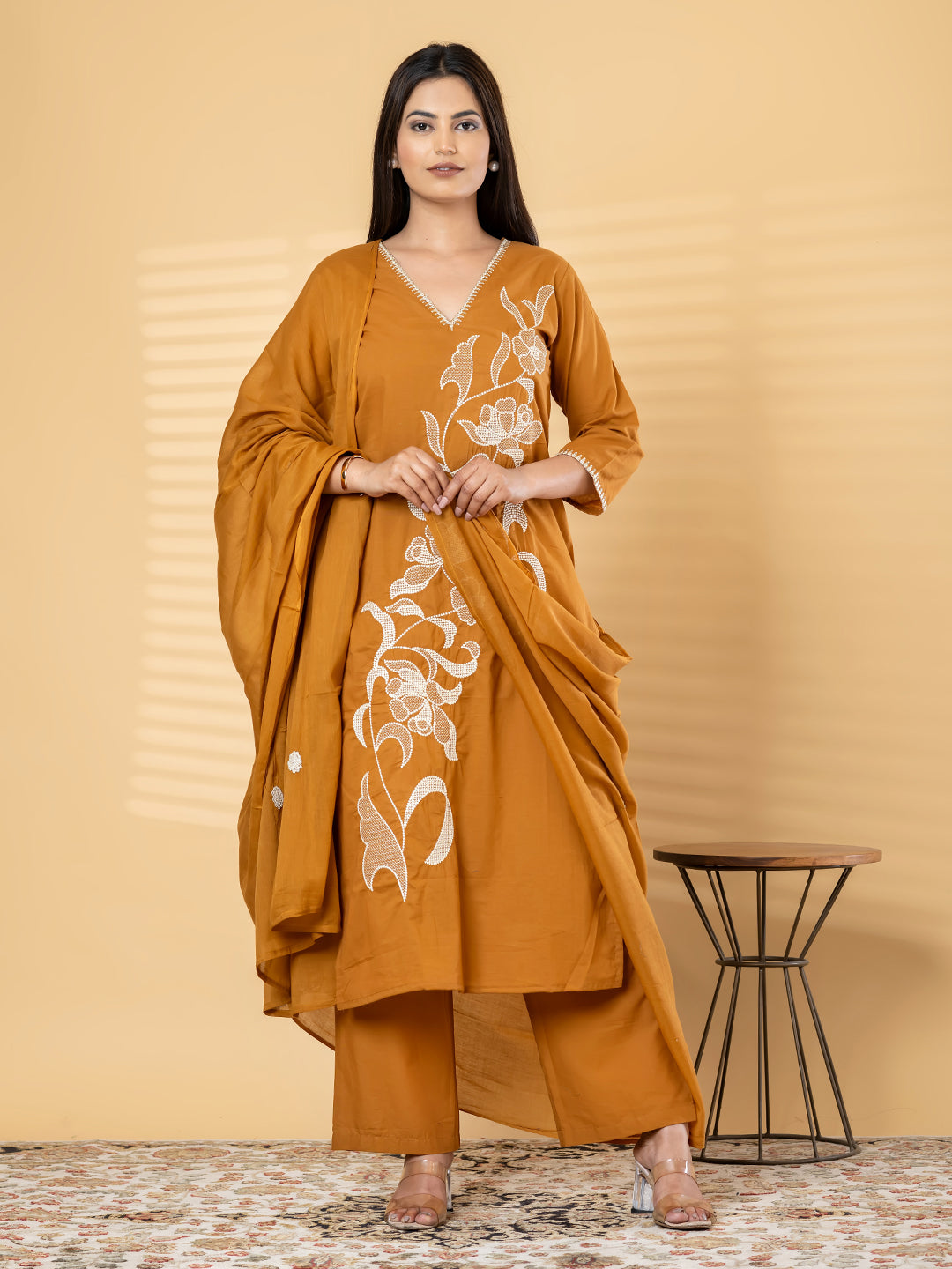 Mustard Yellow Floral Embroidered Suit Set