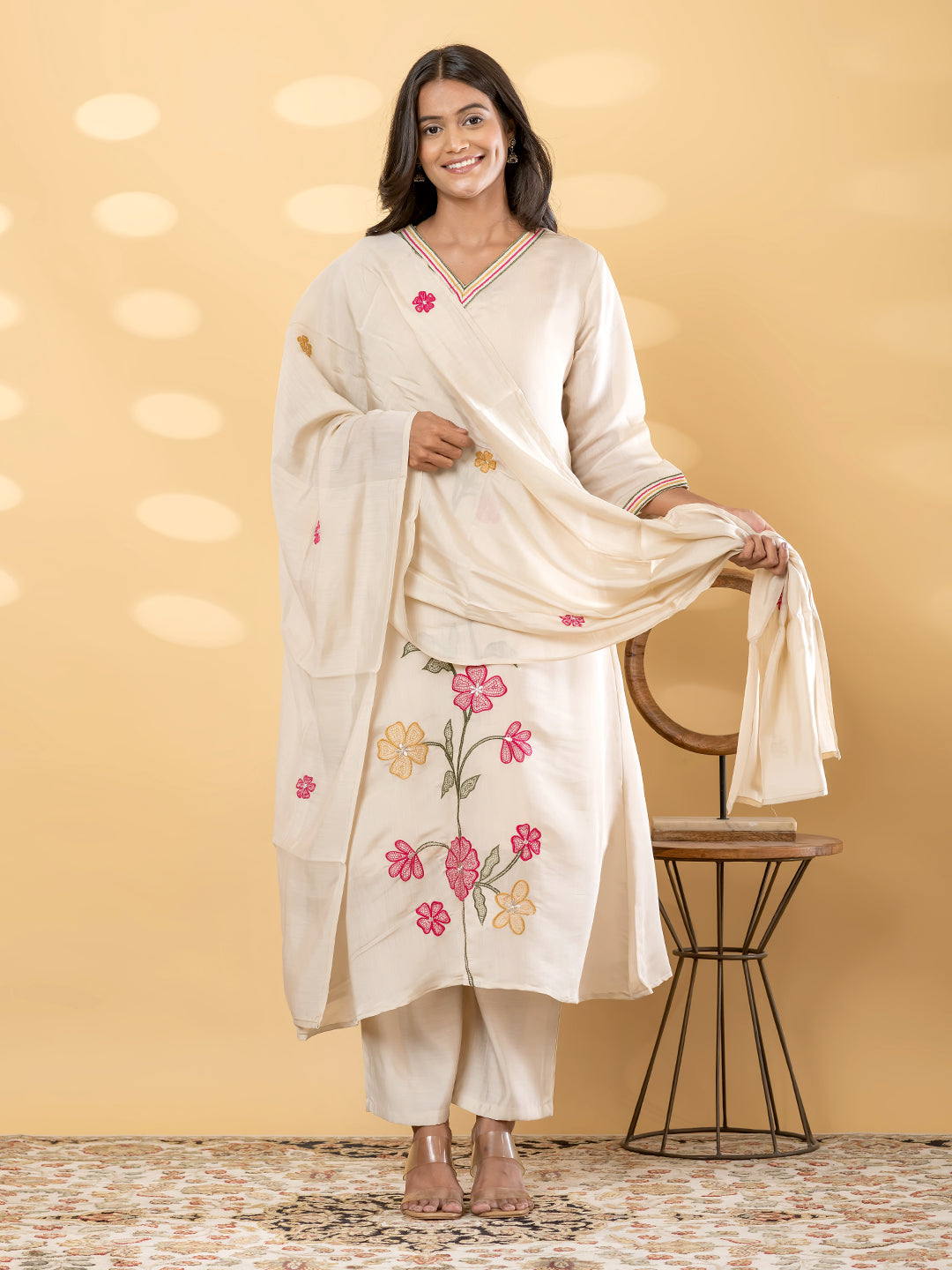 Off-White Floral Embroidered Suit Set