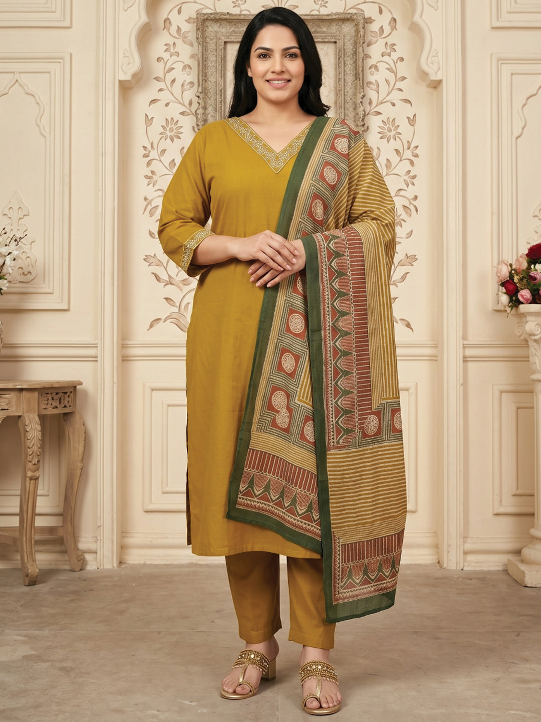 Mustard Yellow Embroidered Kurta Set