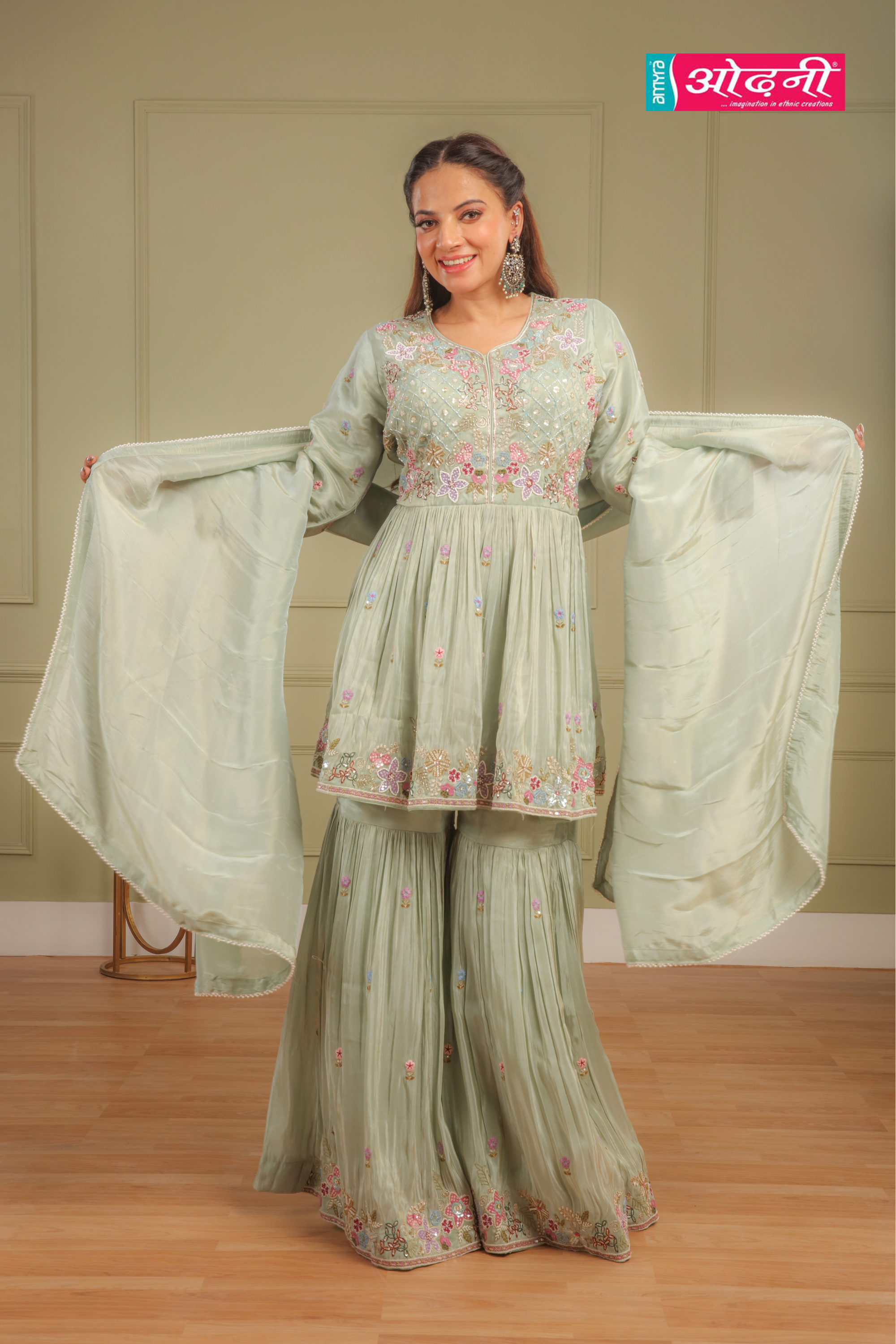 Floral Green Embroidered Sharara Suit (12049 GS-104)